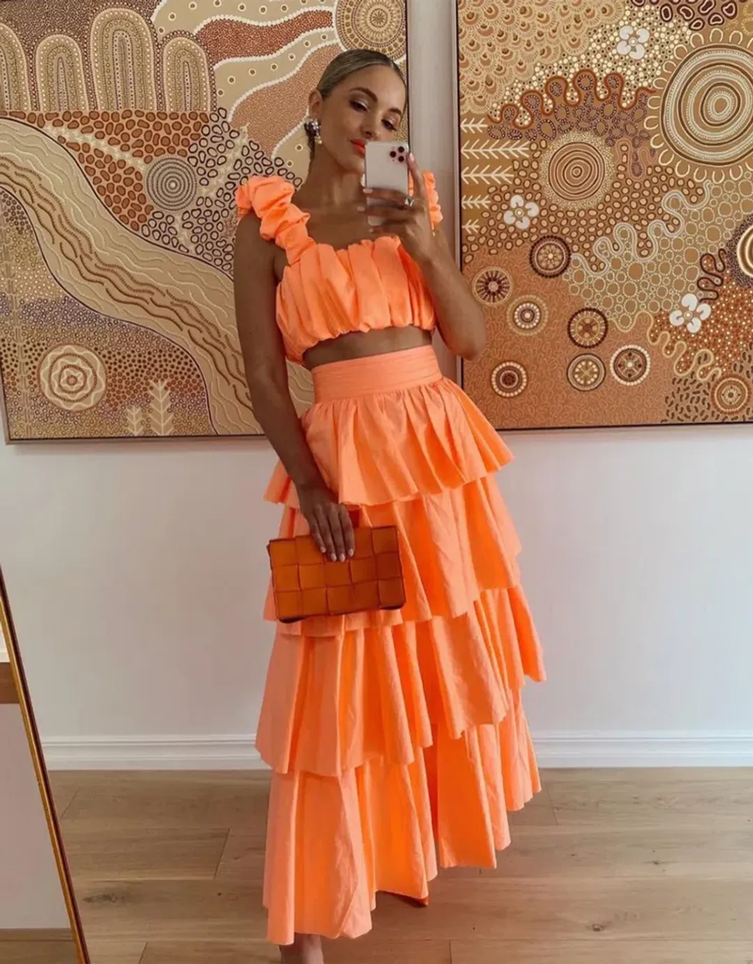 Aje Medina Ruched Crop Top and Tiered Midi Skirt Set Orange Size 6 for rent on The Volte - main image
