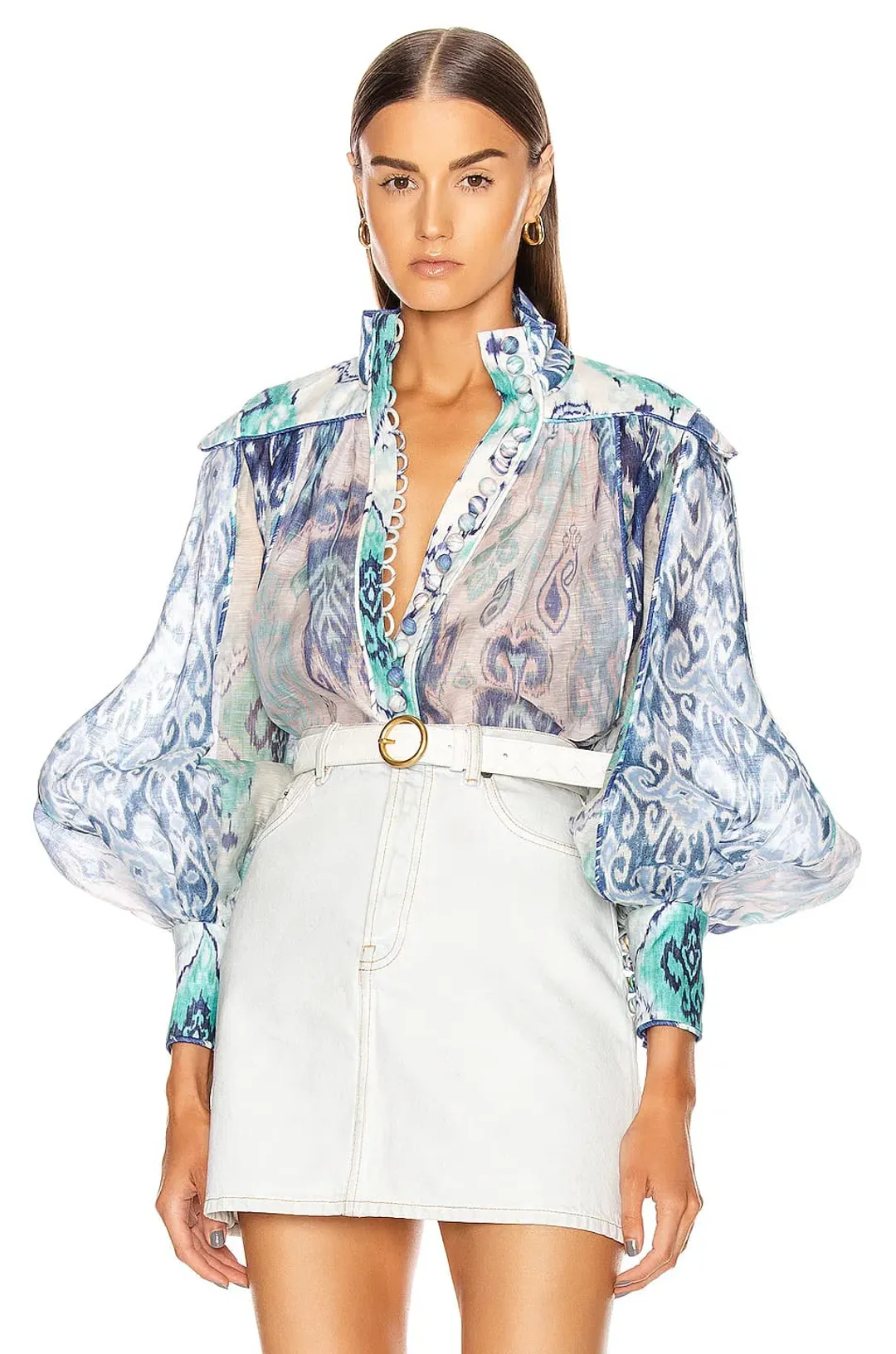 Zimmermann The Glassy Long Sleeve Blouse Spliced Blue Ikat Size 1 / AU 10 for rent on The Volte - main image