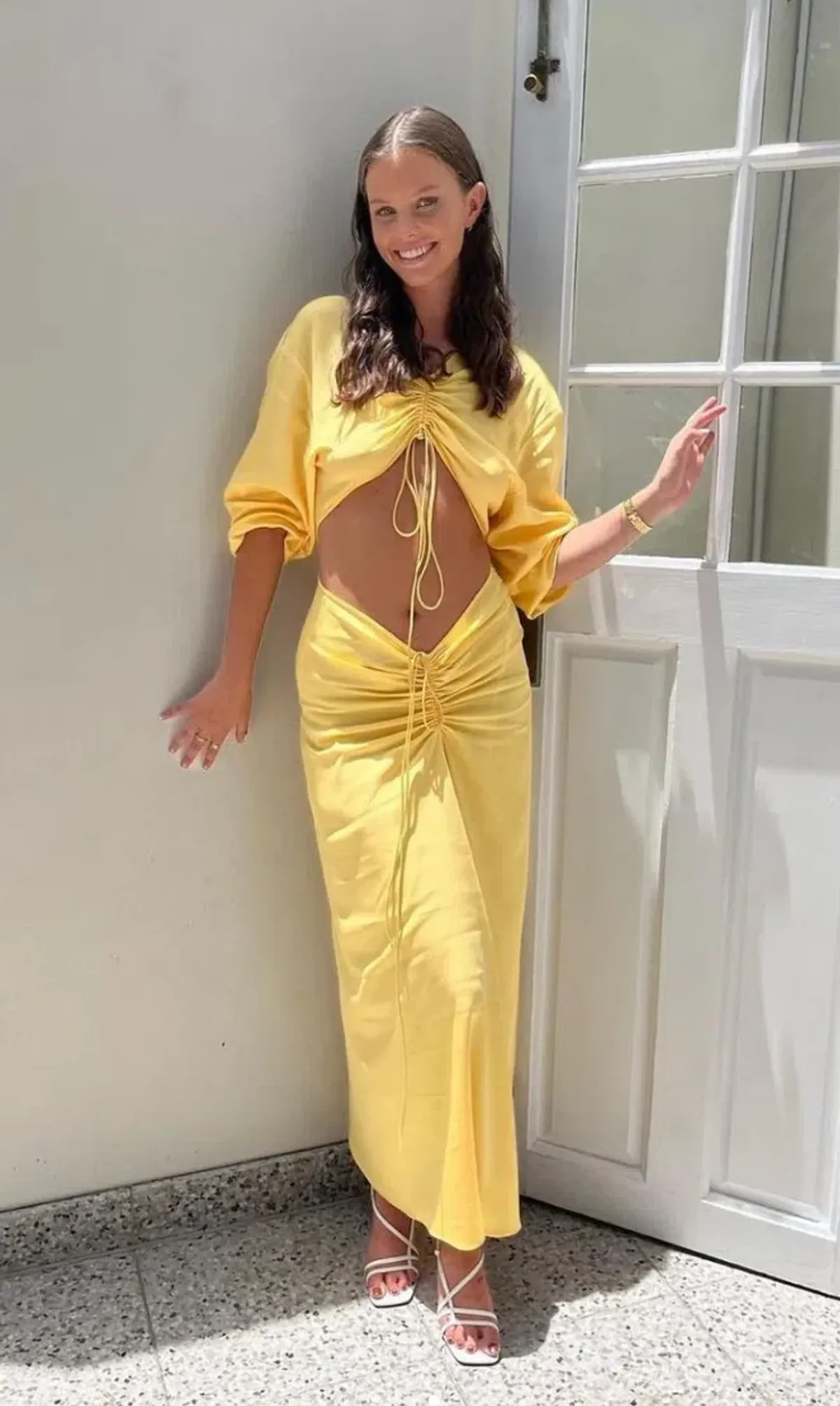 Christopher Esber Ruched Cutout Woven Maxi Dress Yellow Size 10 - Image 2