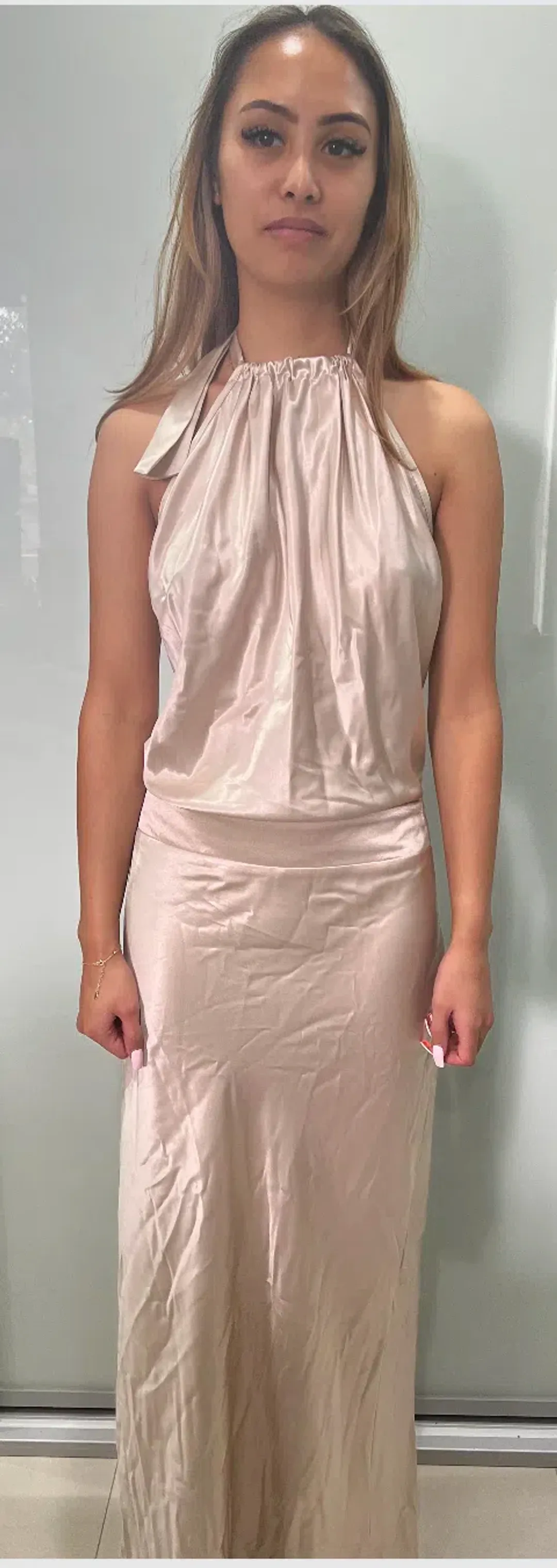 Sheike Satin Halter Maxi Dress Cream Size 6 for rent on The Volte - main image