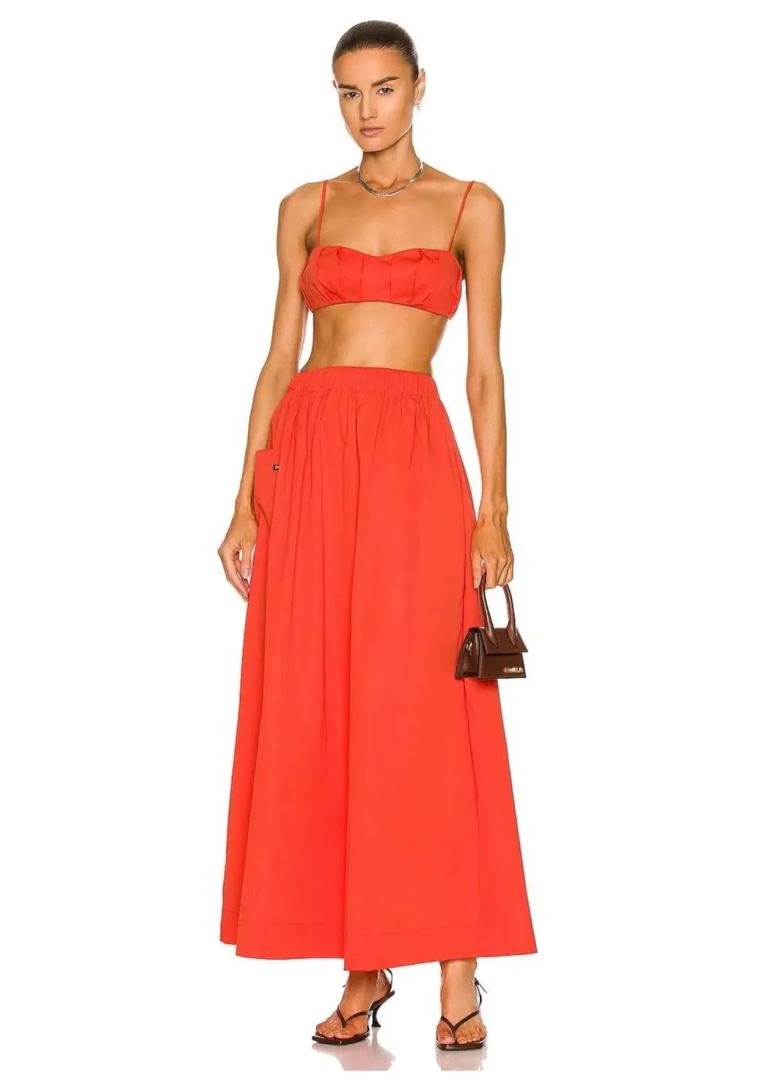 Sir the Label Anja Tucked Bralette Top Size 1 and Skirt Size 0 Set in Mandarin Red for rent on The Volte - main image