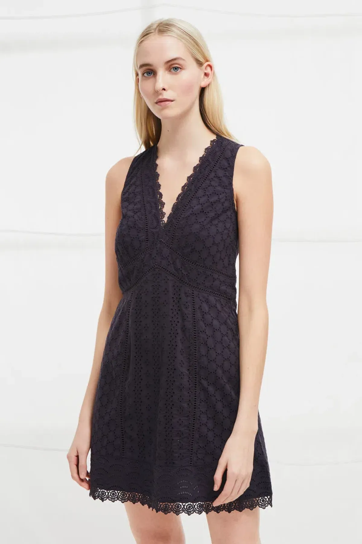 French Connection Zhara Lace Panelled Dress Utility Blue Size 8 for rent on The Volte - main image