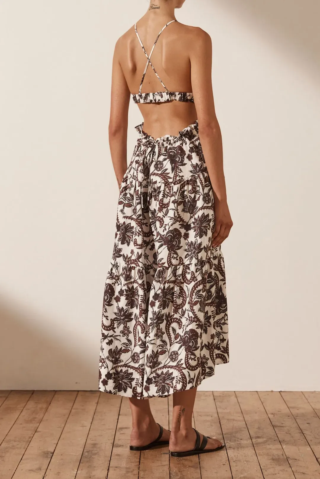 Shona Joy Dahlia Linen Backless Midi Dress Print Size 10 for rent on The Volte - main image