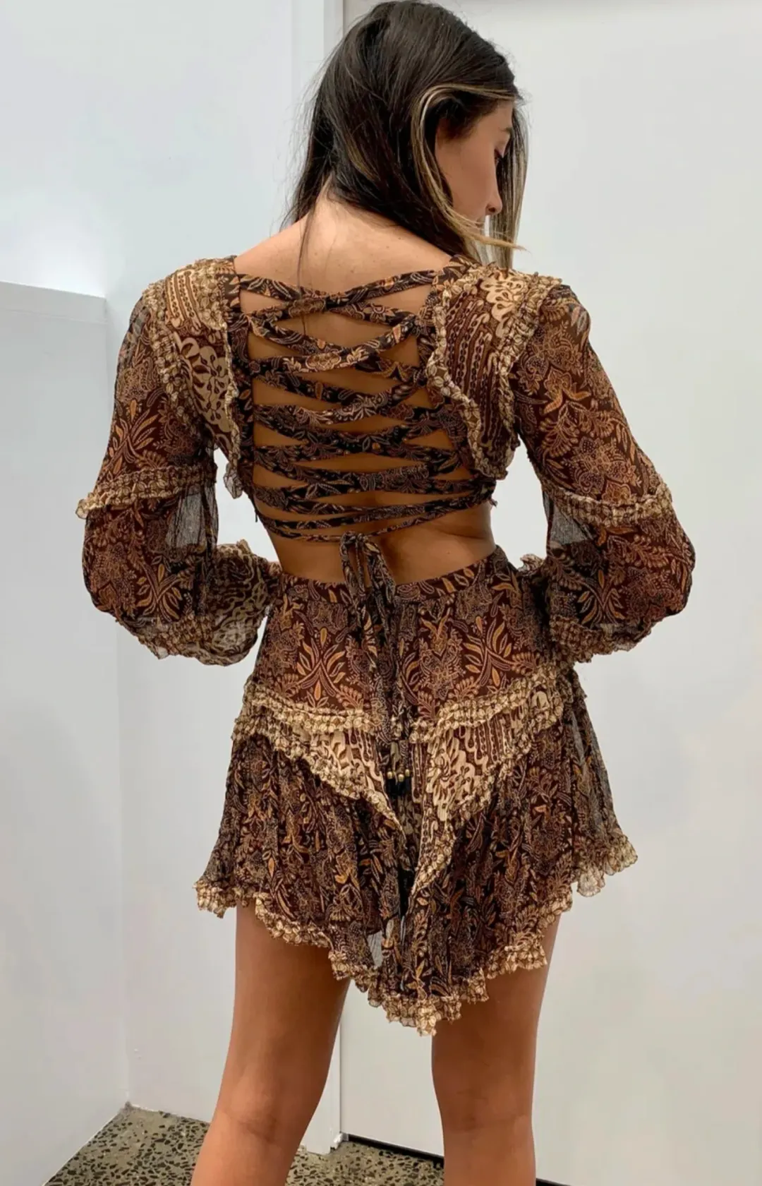Zimmermann Tali Batik Cut Out Mini Dress Spliced Print Size 8 for rent on The Volte - main image