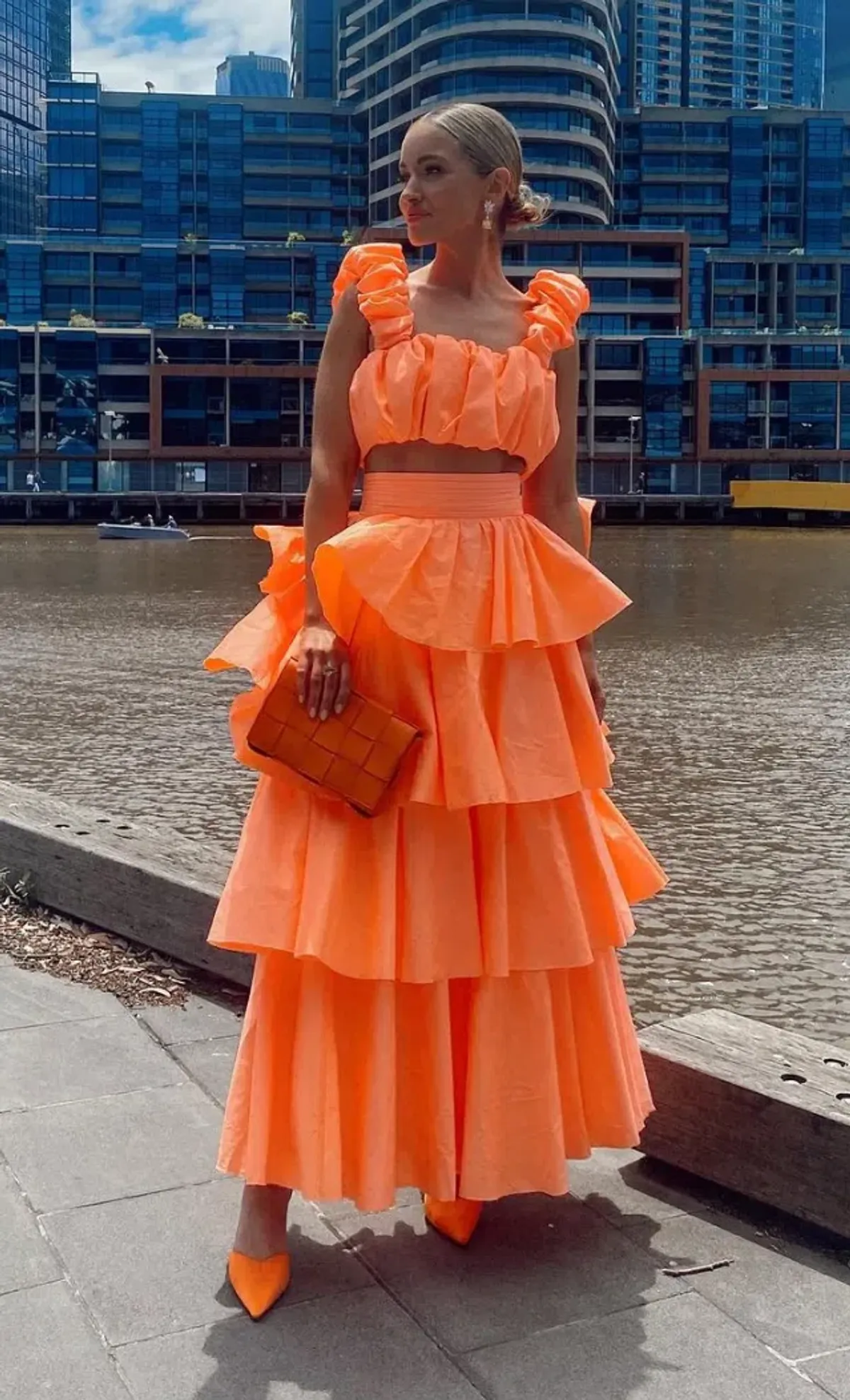 Aje Medina Ruched Crop Top and Tiered Midi Skirt Set Orange Size 10 - Image 3