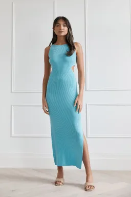 San Sloane Braxton Boat Neck Cut Out Midi Dress Blue Size 8 for rent on The Volte - image 1