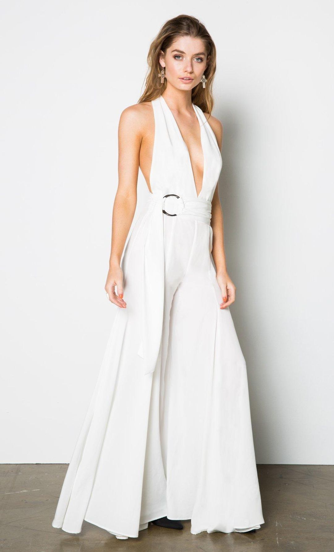 Stanzee Paloma Wide Leg Halter V-Neck Jumpsuit White Size 8 for rent on The Volte - main image