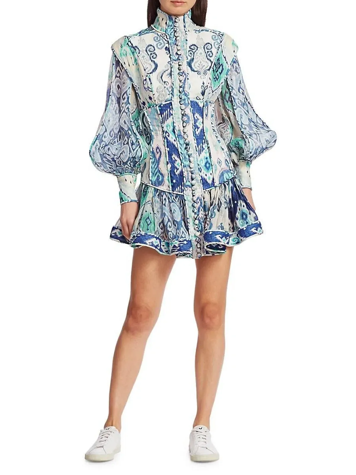 Zimmermann Glassy Long Sleeve Mini Dress Spliced Blue Ikat Print Size 0 / AU 8 - Image 1