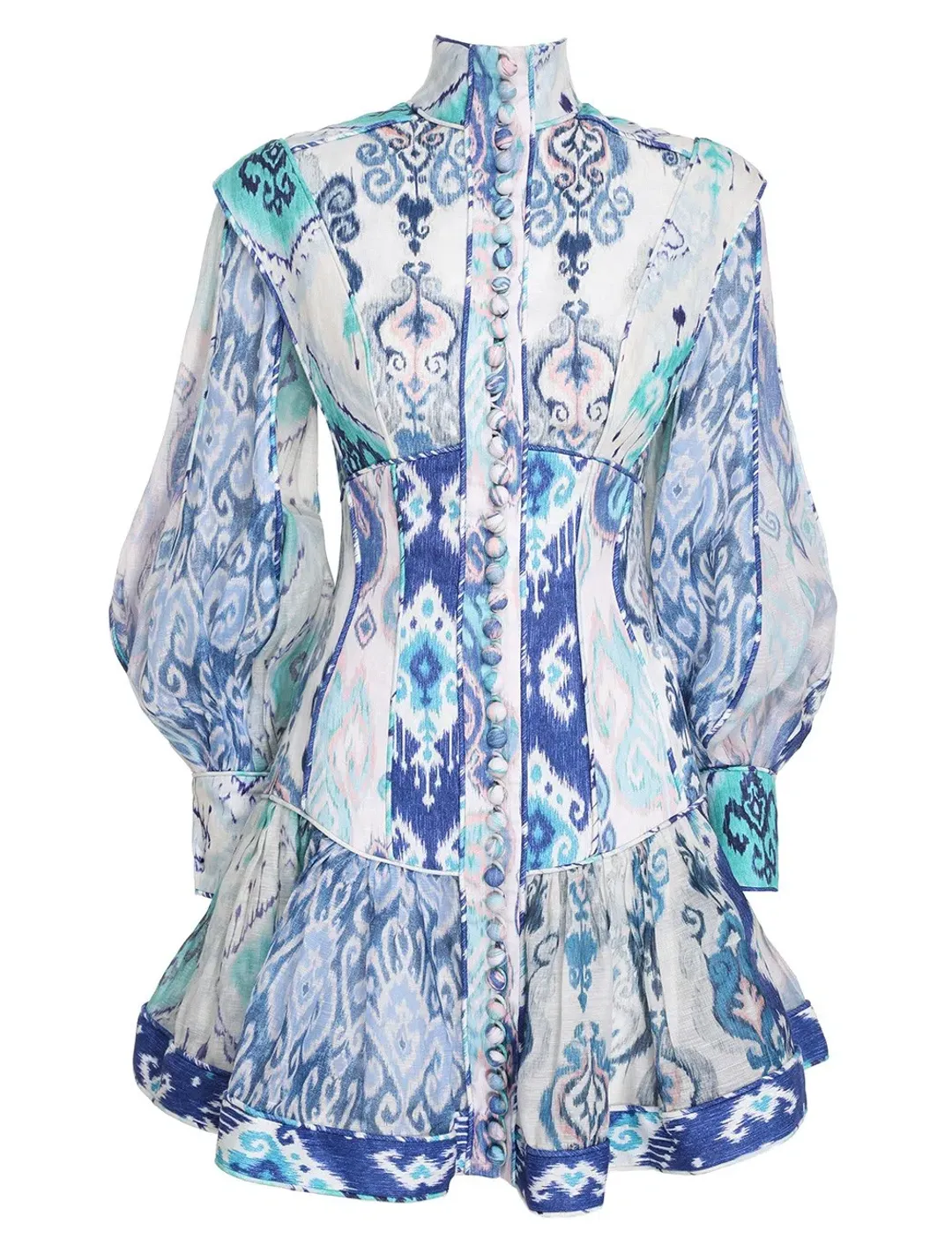Zimmermann Glassy Long Sleeve Mini Dress Spliced Blue Ikat Print Size 0 / AU 8 for rent on The Volte - main image