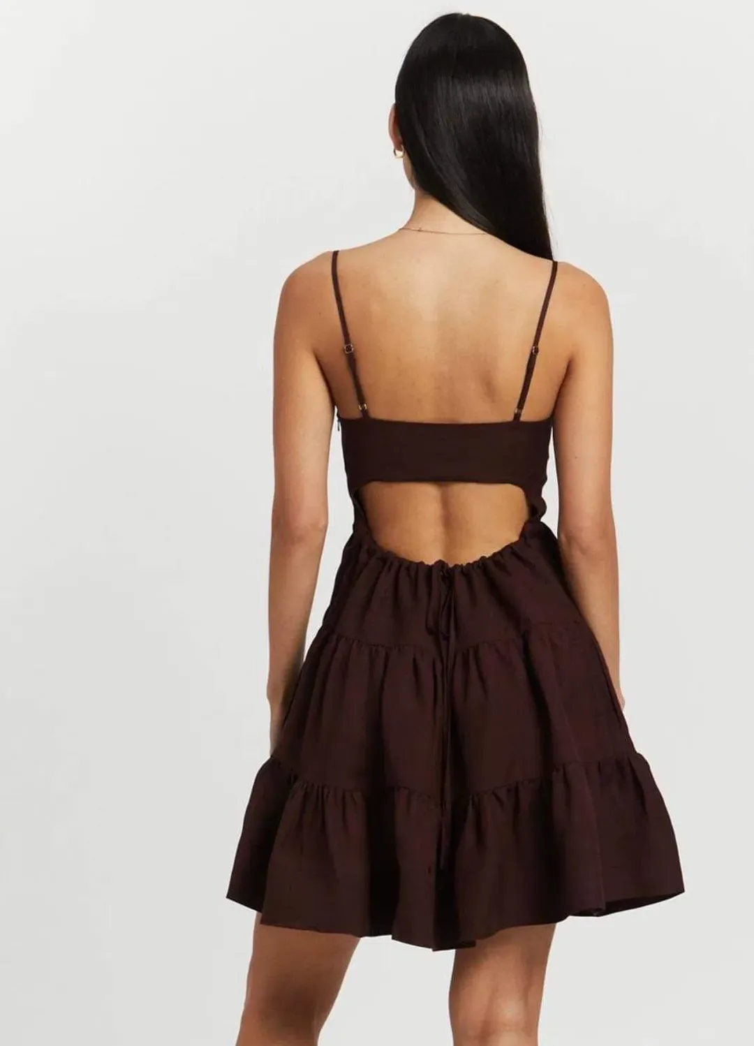 Shona Joy Rubi Lace Up Mini Dress in Cocoa Brown Size 10 for rent on The Volte - main image