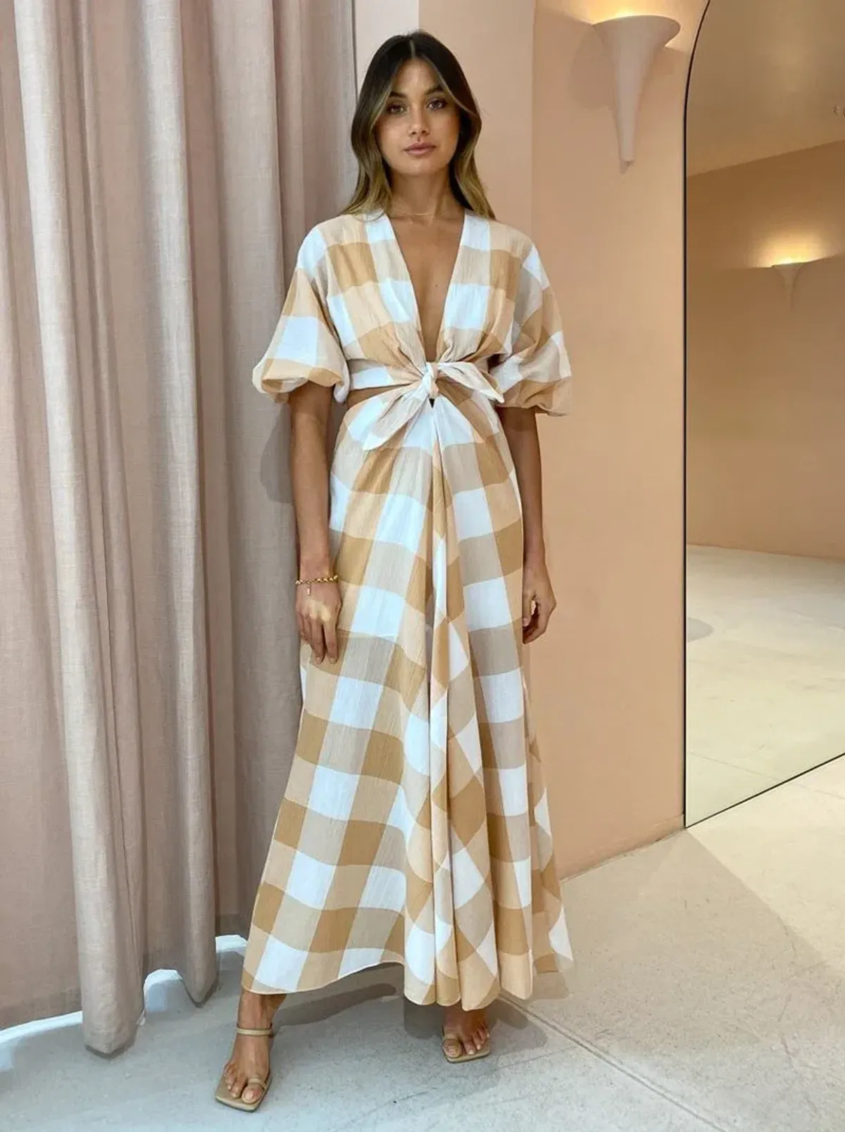 Significant Other Frida Dress in Caramel Check Print Size 10 for rent on The Volte - main image