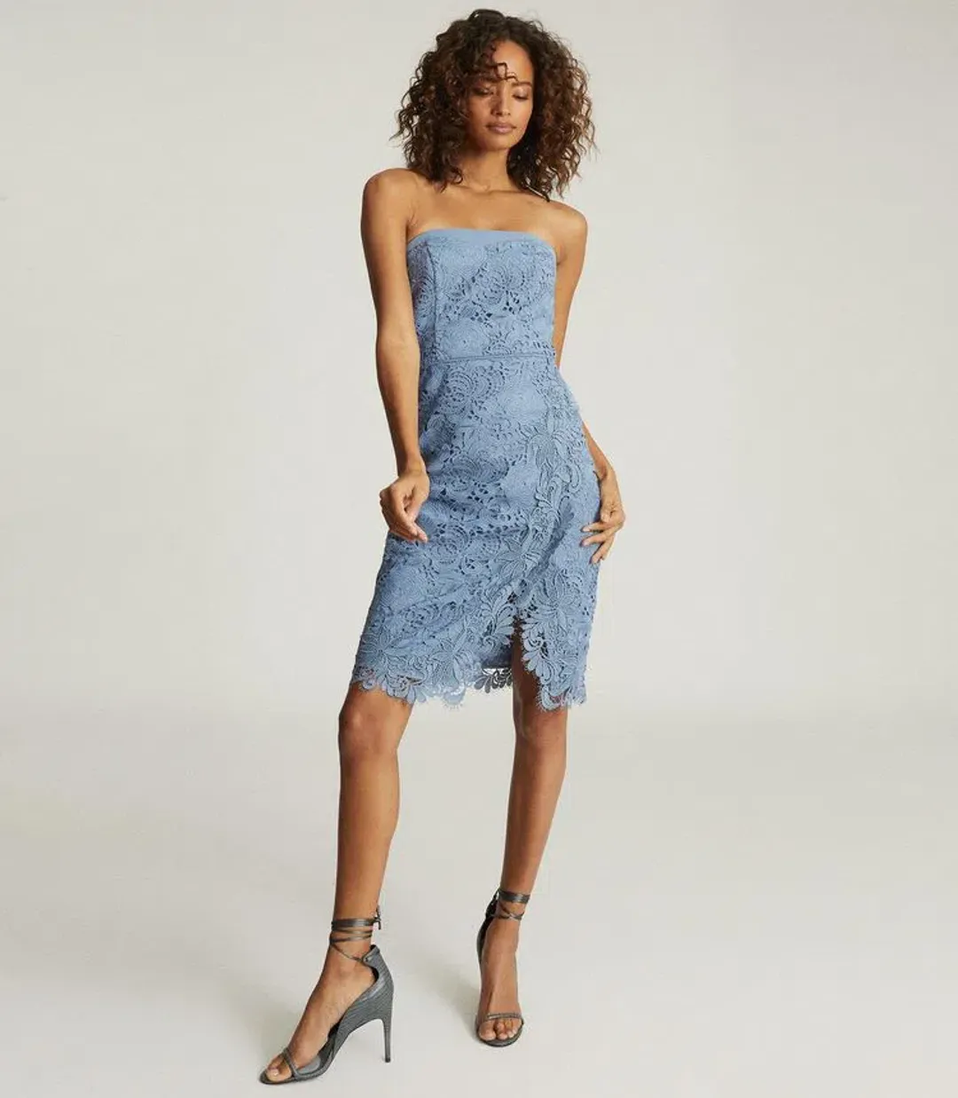 Reiss Finley Lace Bodycon Strapless Dress in Dusty Blue Size 8 for rent on The Volte - main image