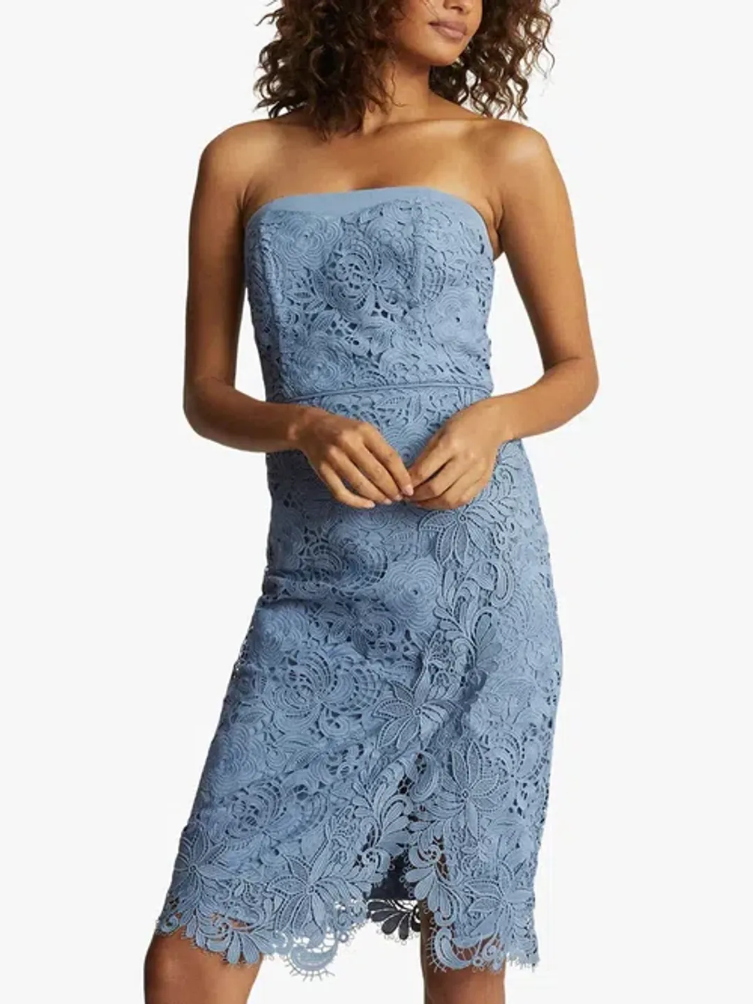 Reiss Finley Lace Bodycon Strapless Dress in Dusty Blue Size 8 for rent on The Volte - main image