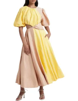 Aje Caliente Two Tone Puff Sleeve Dress Yellow Beige Size 8 for rent on The Volte - image 1