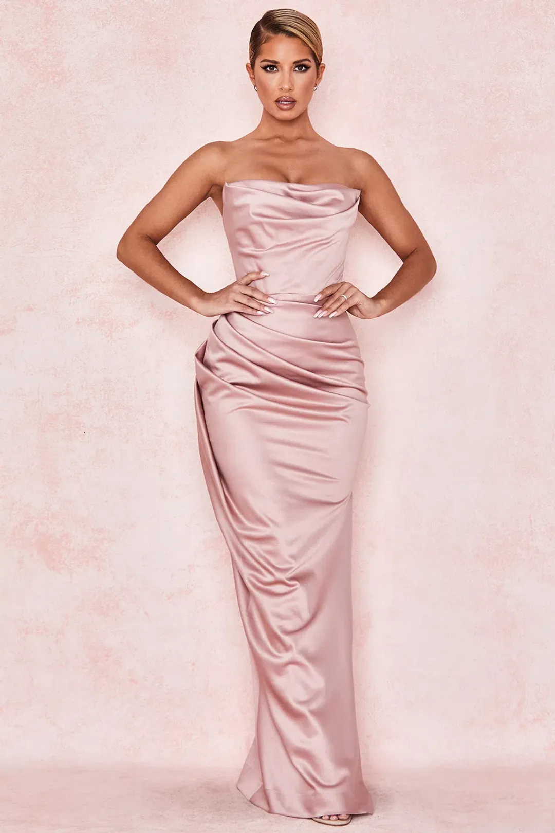 House of CB Adrienne Satin Strapless Gown Blush Size 6 for rent on The Volte - main image