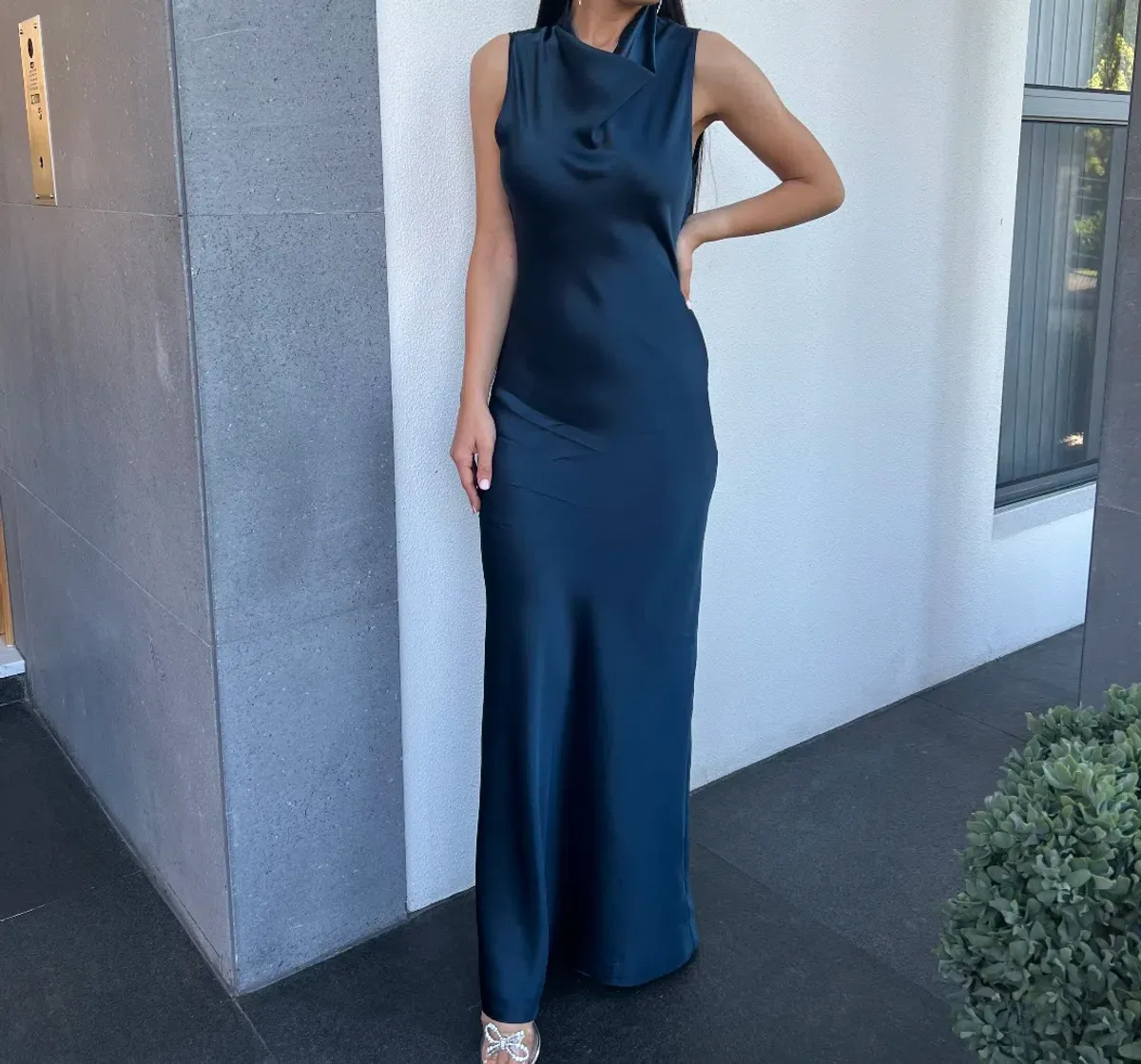 Navy Blue Satin Silky floor length maxi Dress - Size 0 (Veronica Beard, Kura Satin Dress) for rent on The Volte - main image