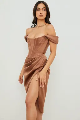 House of CB Loretta Satin Off Shoulder Midi Dress Brown Size XS / Au 6 for rent on The Volte - image 5