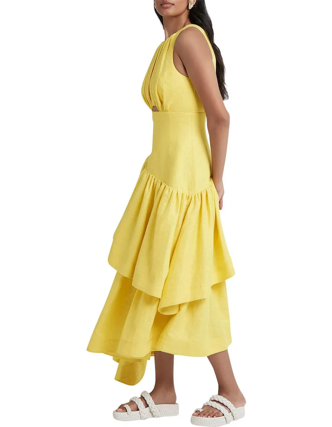 Aje Caliente Tiered Cut Out Midi Dress Yellow Size 10 for rent on The Volte - main image
