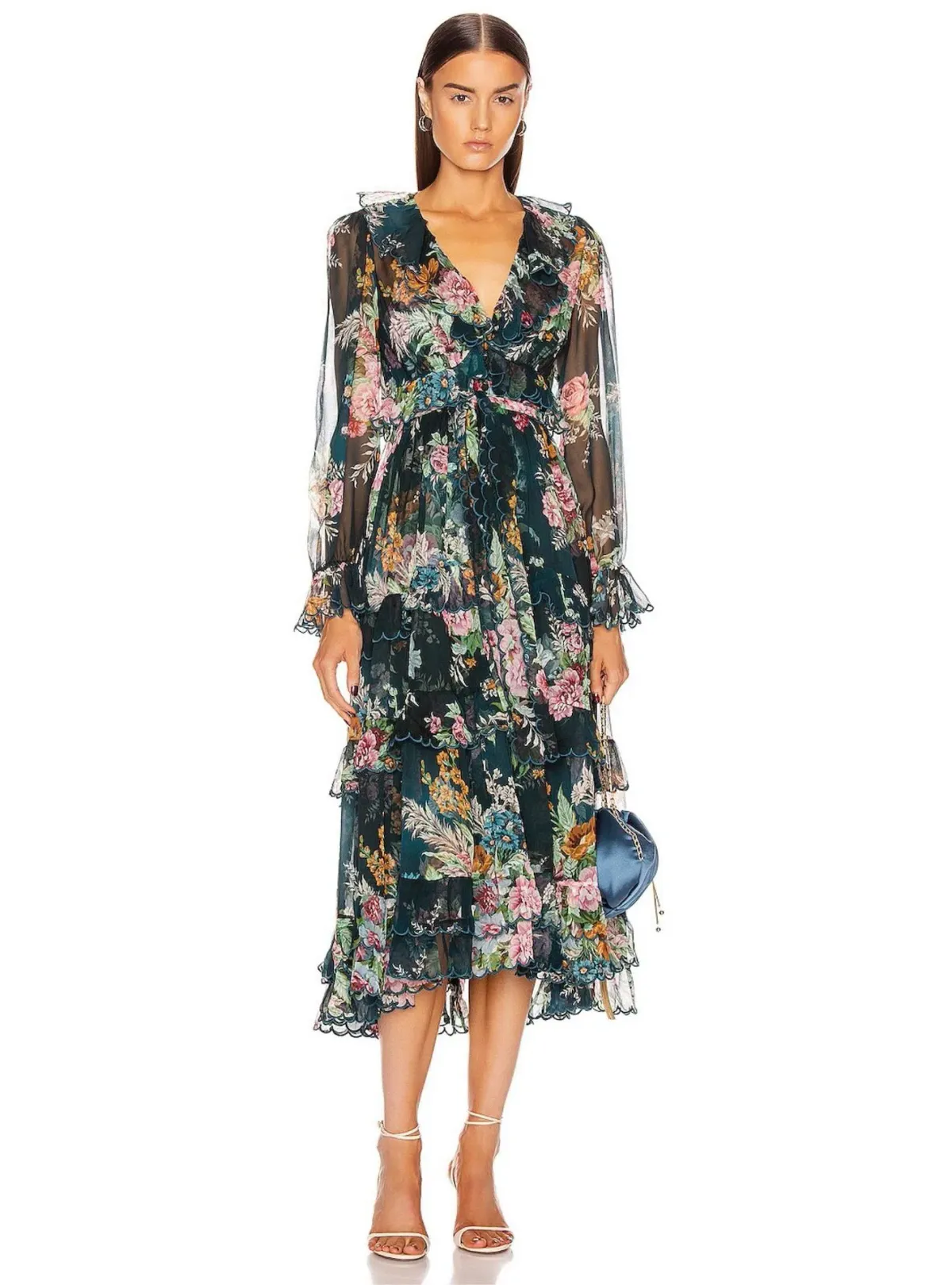 Zimmermann Wavelength Scallop Tiered Silk Chiffon Midi Dress Floral Print Size 0P / AU 6 for rent on The Volte - main image