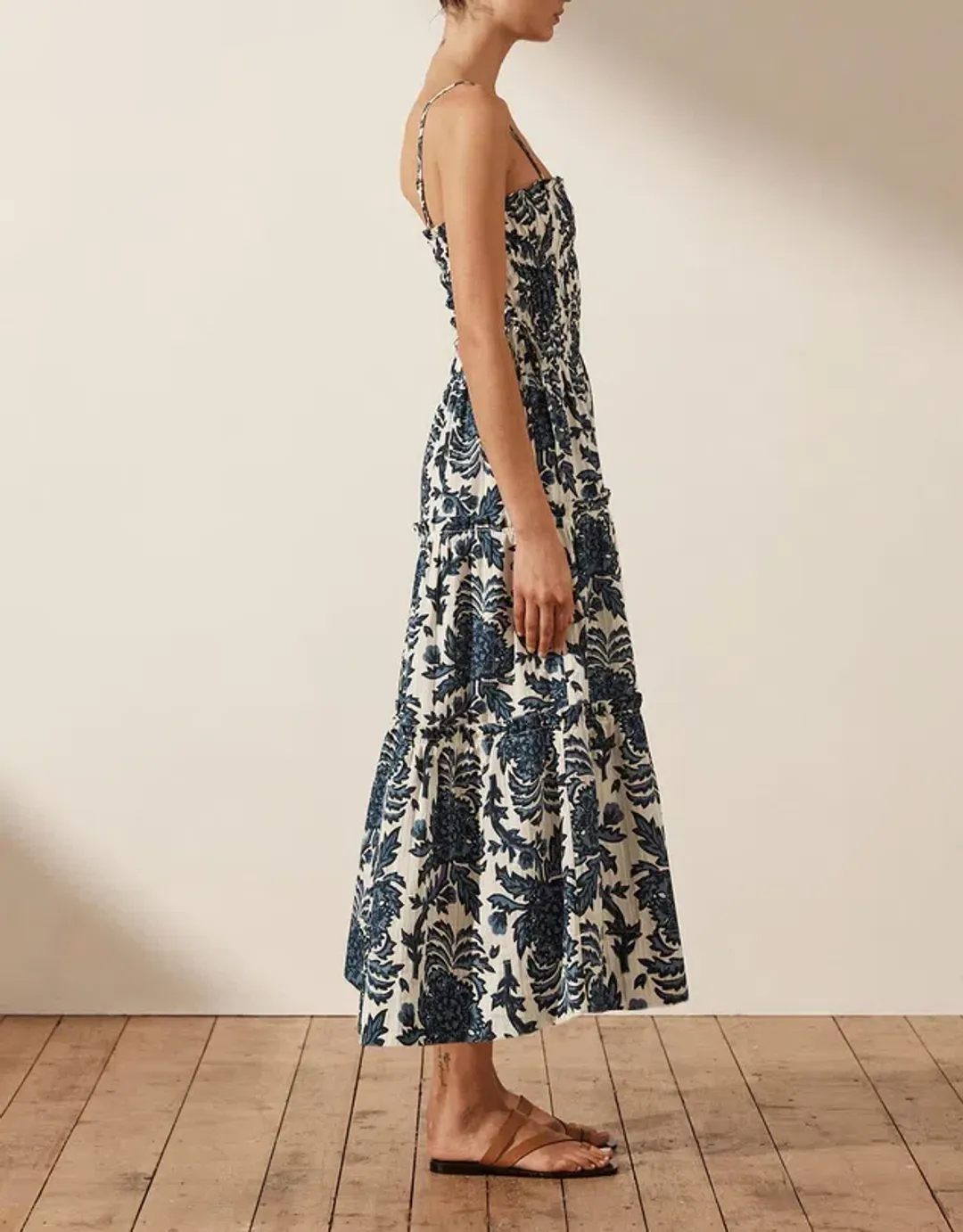 Shona Joy Diana Shirred Tiered Midi Dress Print Size 8 for rent on The Volte - main image