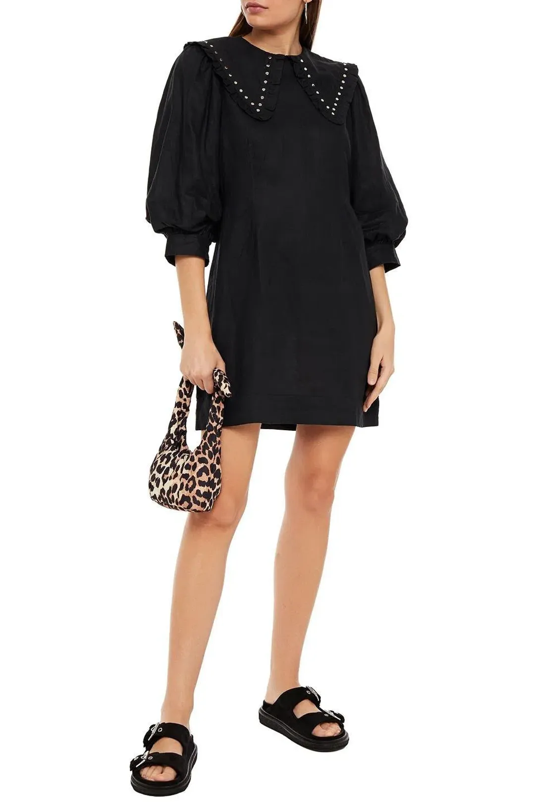 Ganni Studded Linen Mini Dress Black Size 8 for rent on The Volte - main image