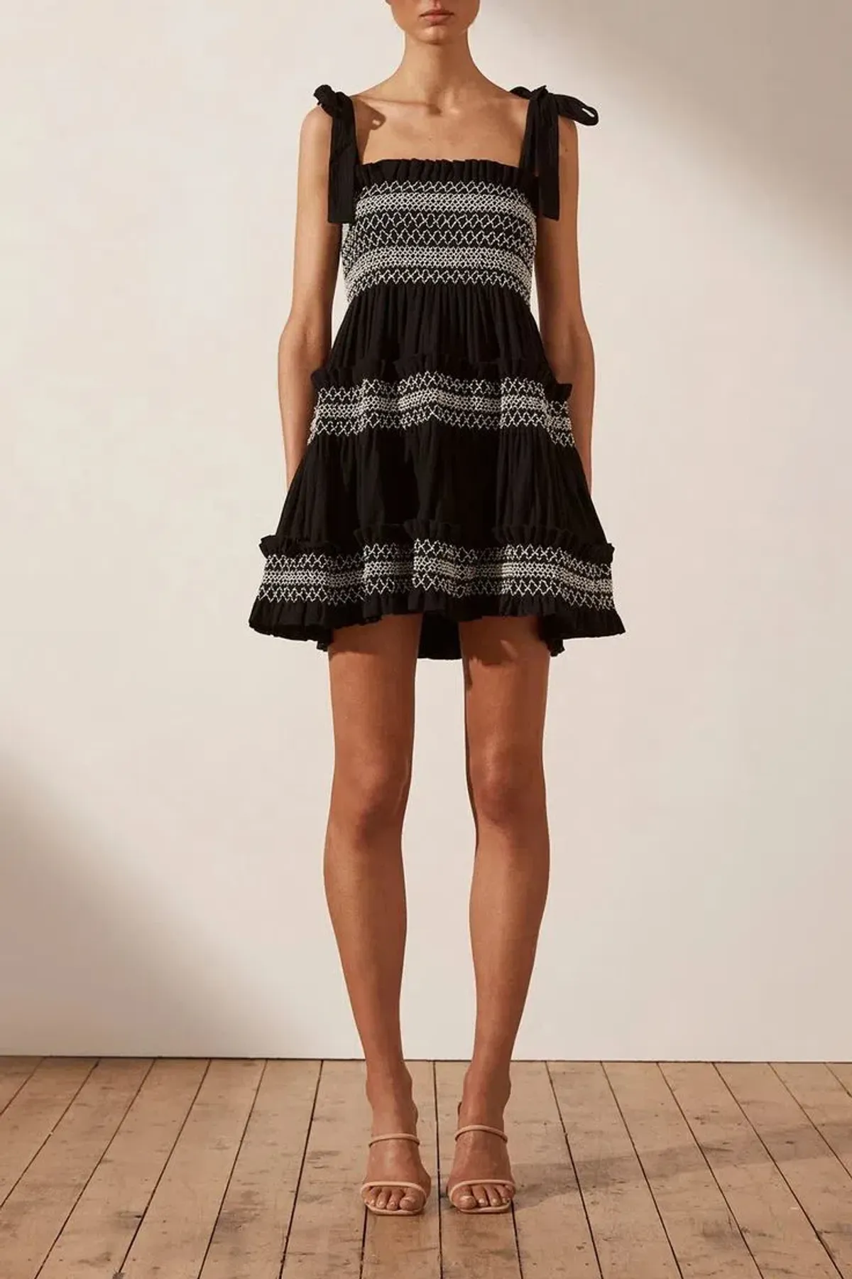 Shona Joy Leda Shirred Tiered Mini Dress Black Size 8 for rent on The Volte - main image