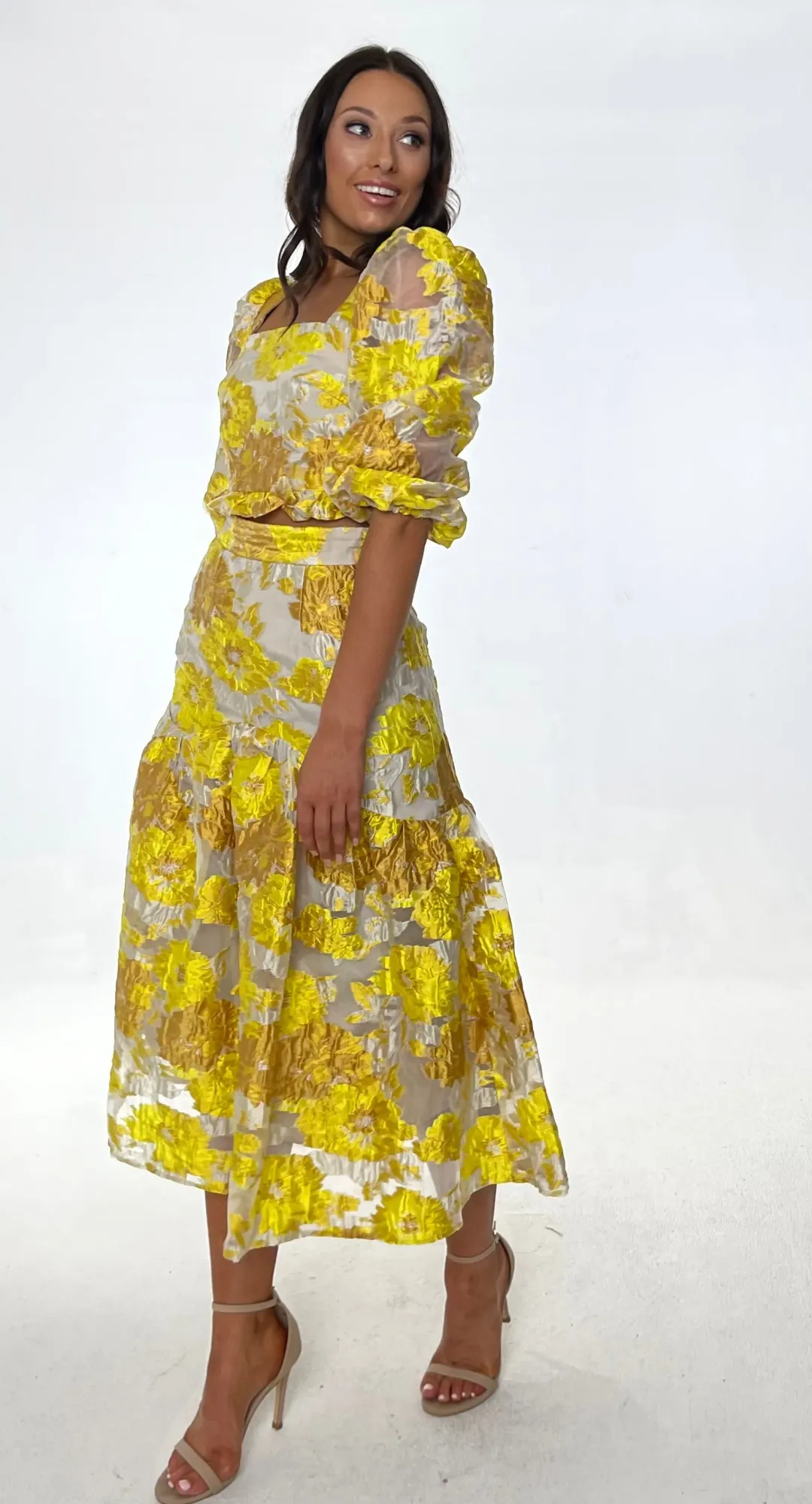 Elliatt Prowess Cropped Ruffle Top and High Rise Skirt Set Yellow Size 8 for rent on The Volte - main image