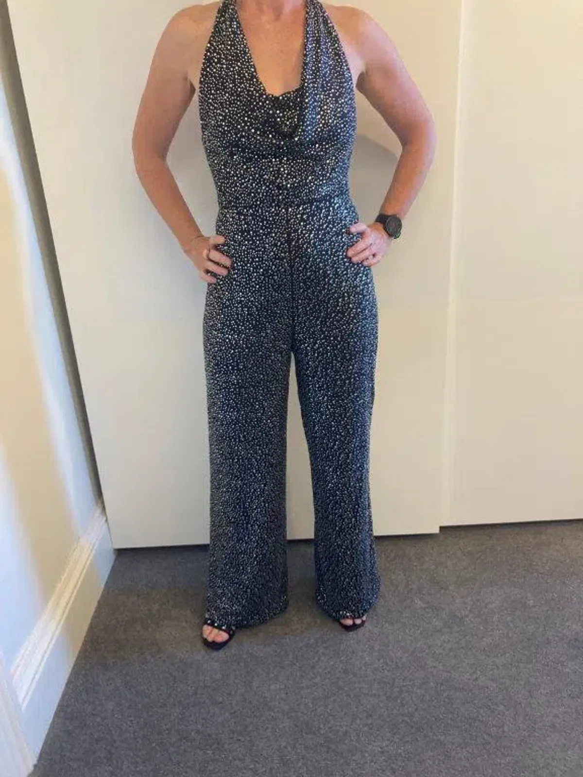 Alice and Olivia Salem Draped Crystal Embellished Halterneck Jumpsuit Black Size 8 - Image 2