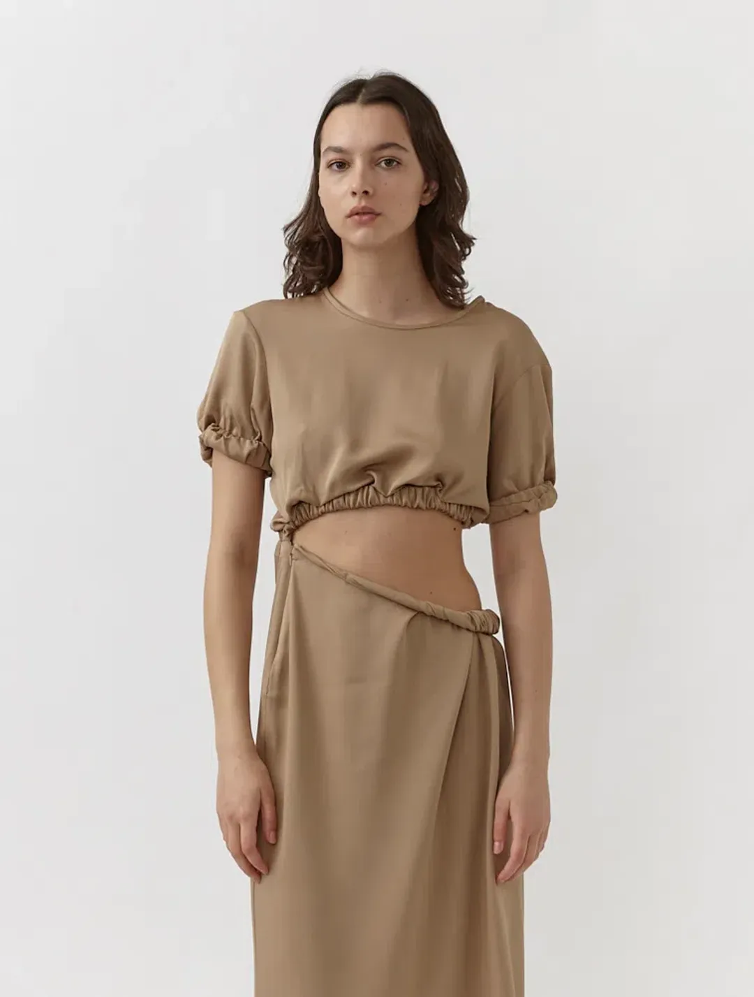 Christopher Esber Rolled Up Tee Dress in Tan Nude Size 8 for rent on The Volte - main image