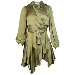 Zimmermann Long Sleeve Sueded Silk Wrap Robe Dress Olive Green Size 0 / AU 8 for rent on The Volte - image 4