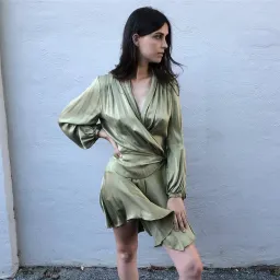 Zimmermann Long Sleeve Sueded Silk Wrap Robe Dress Olive Green Size 0 / AU 8 for rent on The Volte - image 3