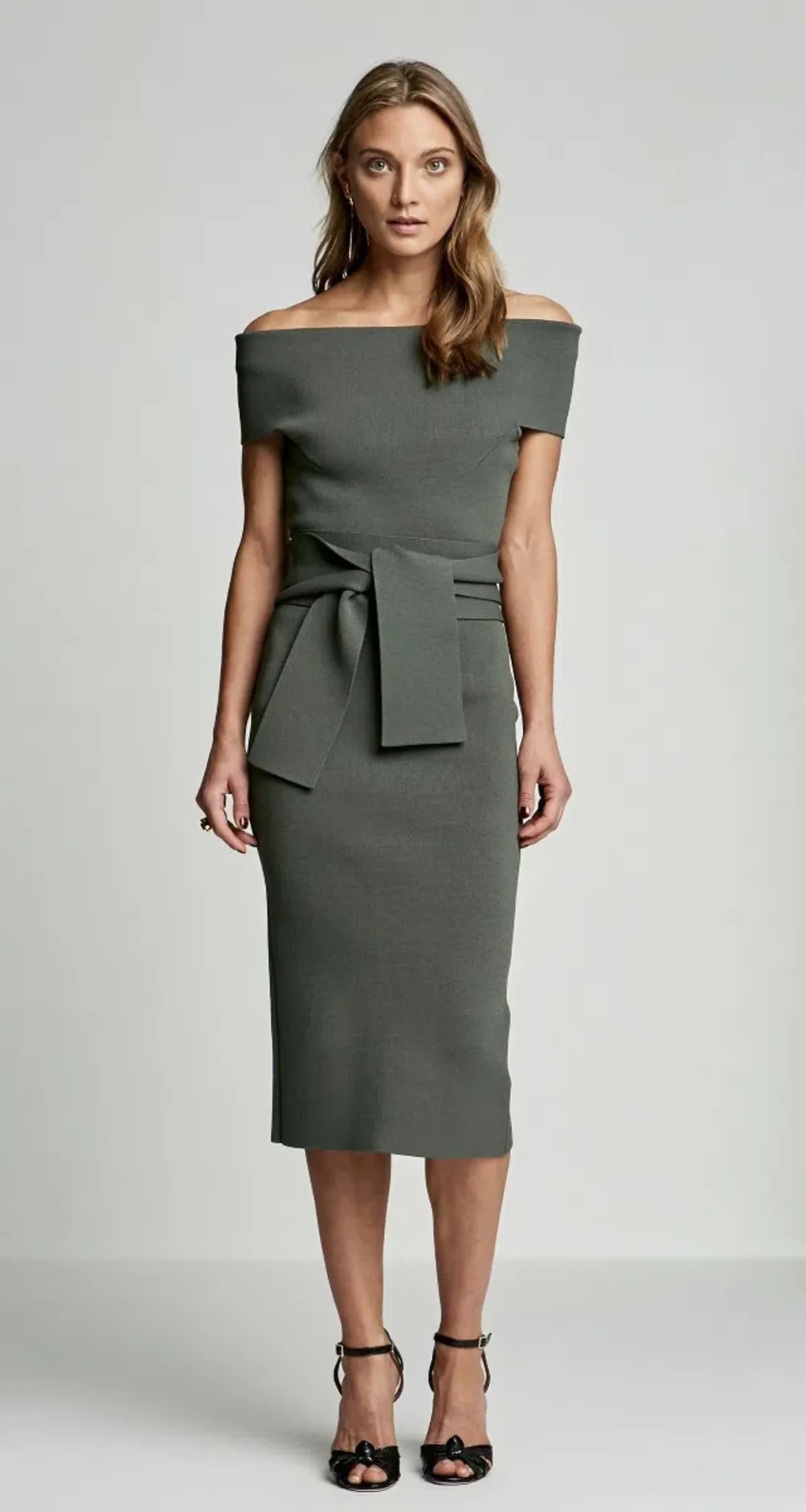 Scanlan Theodore Crepe Knit Off Shoulder Dress Safari Green Size S - Image 1