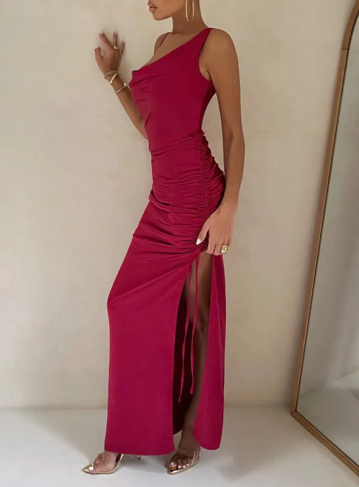 Club L London Belonging Berry Ruched Cowl Maxi Dress Red Size 10 - Image 4