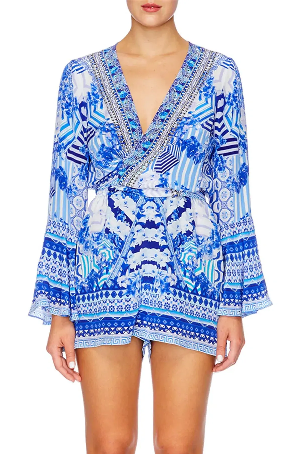 Camilla Throwing Shade Front Tie Playsuit Blue Size 8 - Image 1