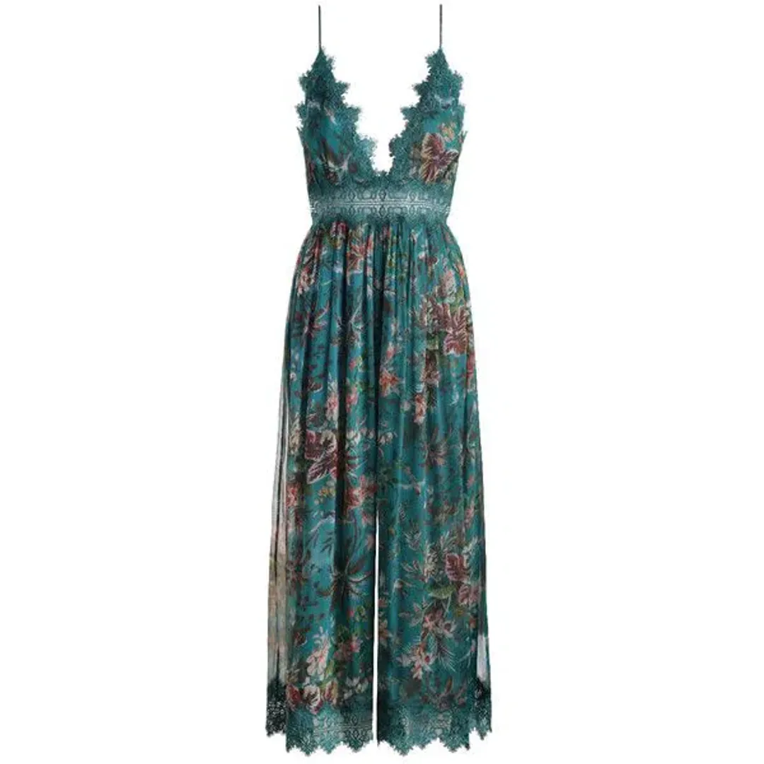 Zimmermann Silk Tropicale Crinkle Jumpsuit Teal Floral Green Size 0 / AU 8 for rent on The Volte - main image