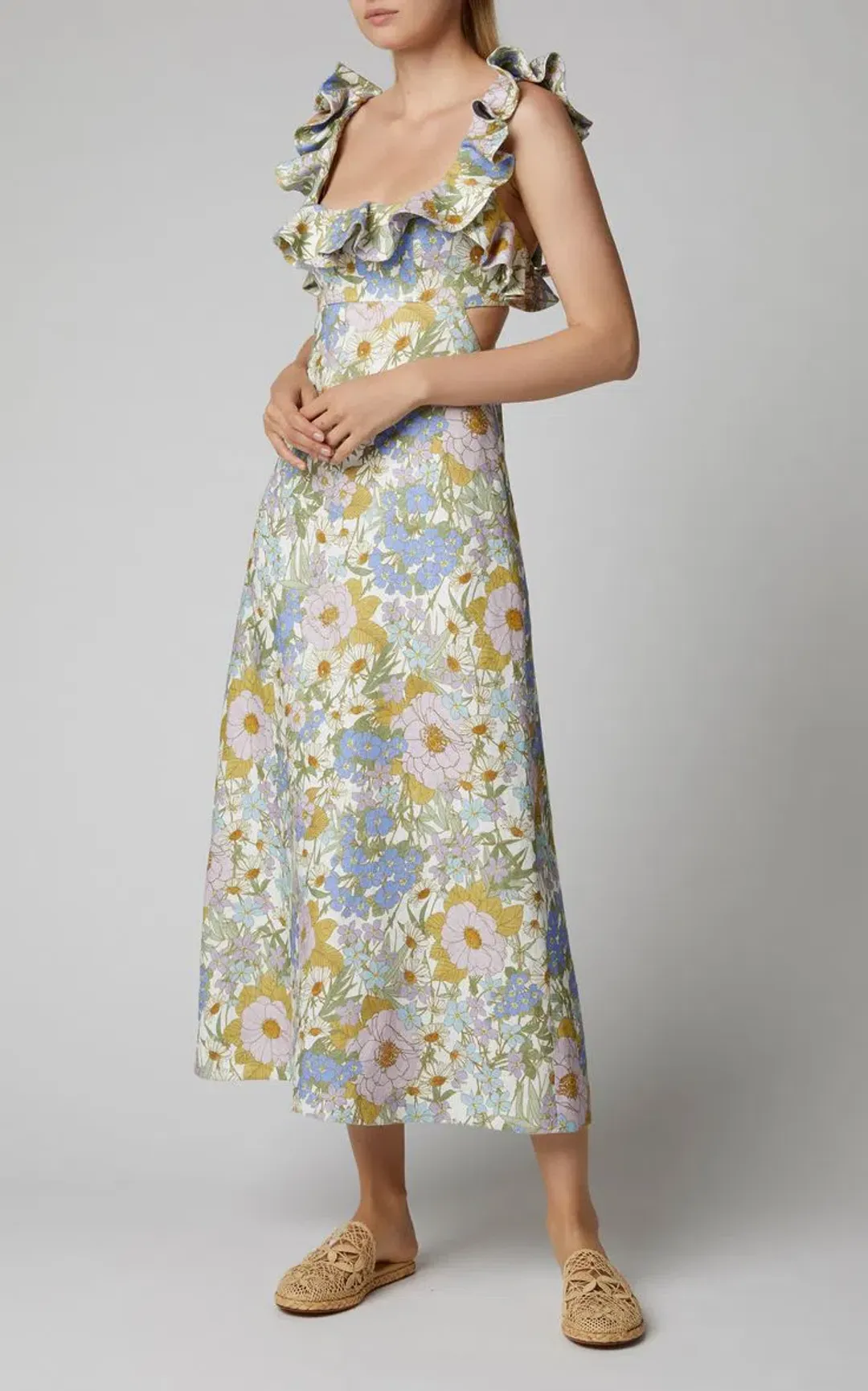 Zimmermann Super Eight Frilled Midi Dress Blue Meadow Floral Size 6 for rent on The Volte - main image