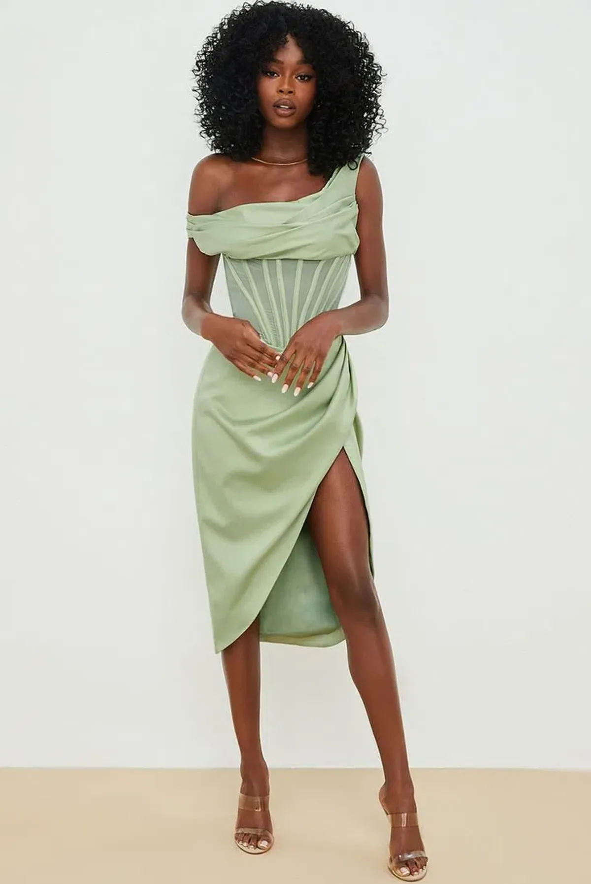 House of CB Lulu Pistachio Asymmetric Drape Corset Midi Dress Green Size 8 - Image 4