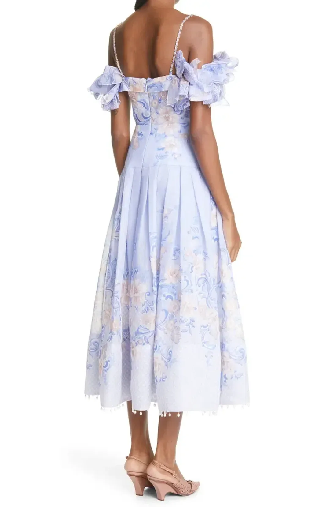 Zimmermann Postcard Bow Bodice Midi Dress Blue Floral Size 1 / Au 10 for rent on The Volte - main image