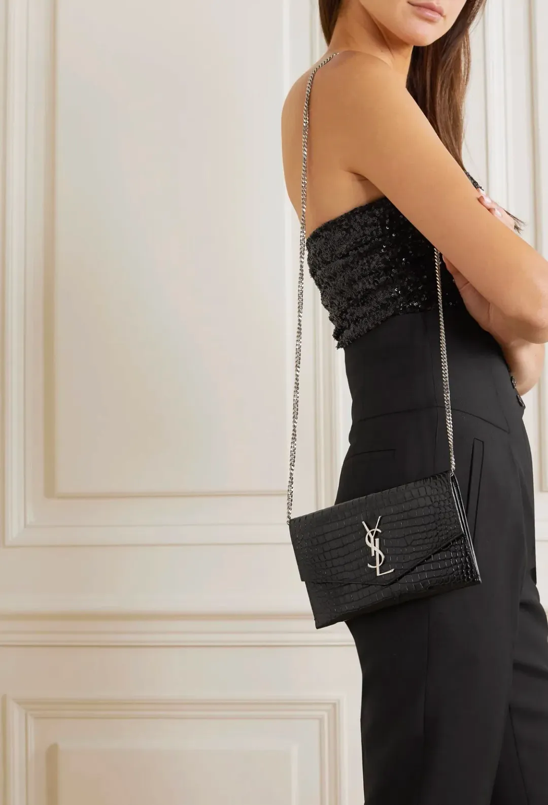 Saint Laurent Croc Leather Shoulder Bag Black for rent on The Volte - main image