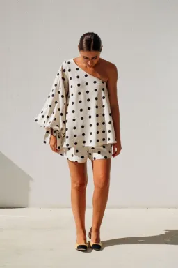Isabella Longginou Natural Polka Dot Shirt & Short Set Print Size 8 for rent on The Volte - image 1