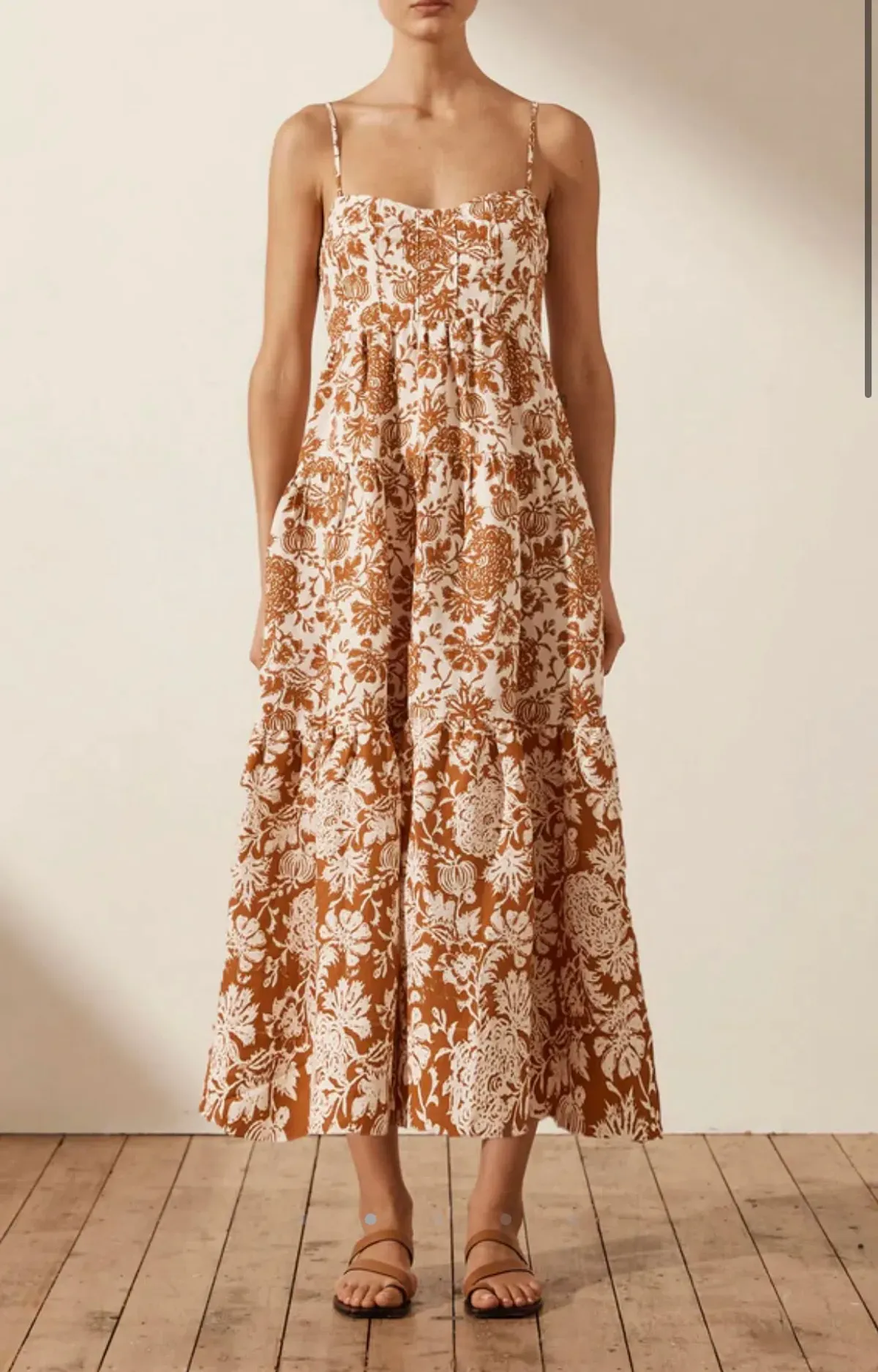 Shona Joy Vitoria Linen Corded Tiered Midi Dress Print Size 6 for rent on The Volte - main image