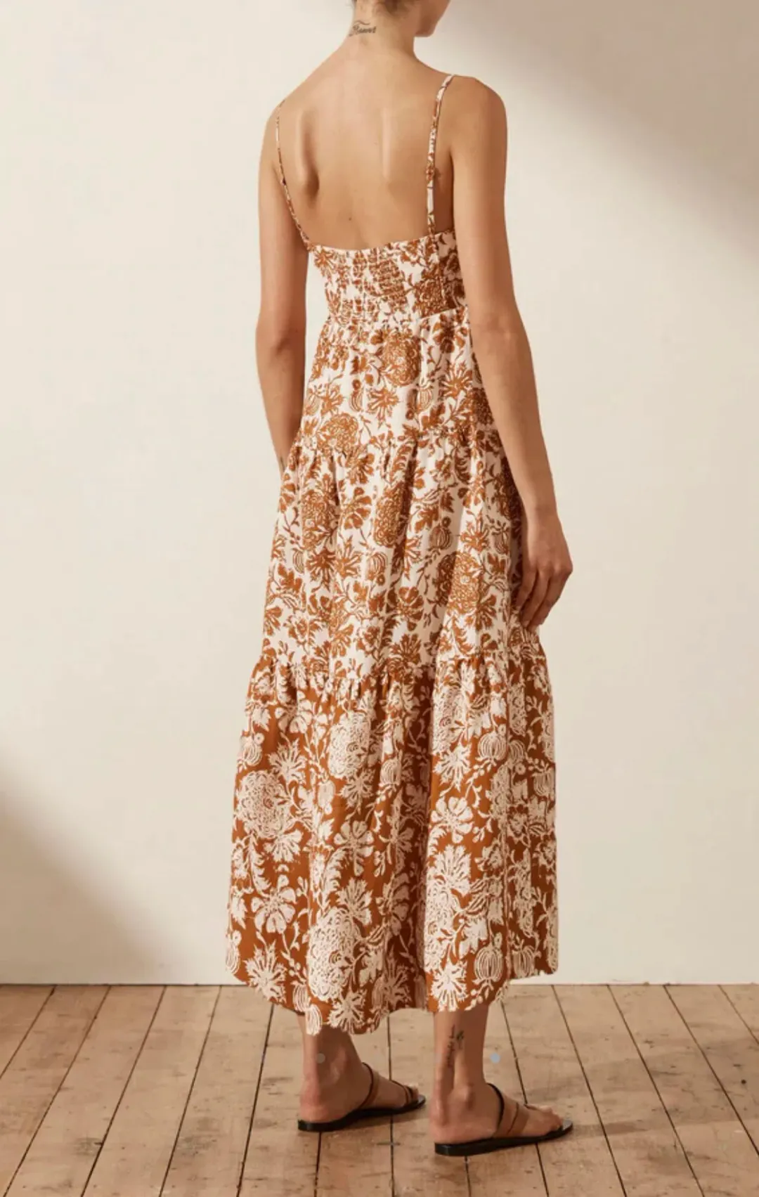 Shona Joy Vitoria Linen Corded Tiered Midi Dress Print Size 6 for rent on The Volte - main image