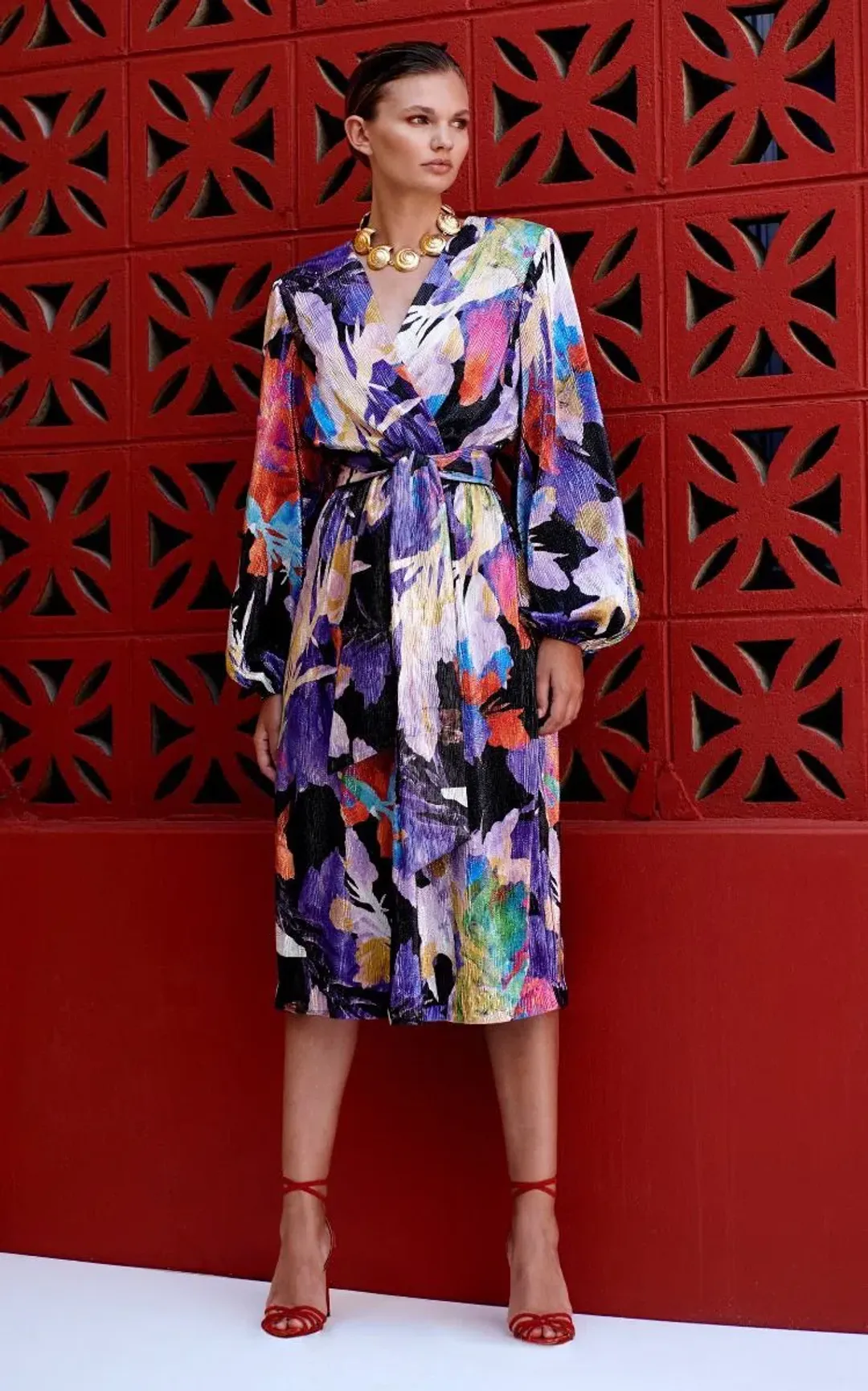 Rebecca Vallance Belladonna Lamé Midi Dress Print Size 8 for rent on The Volte - main image
