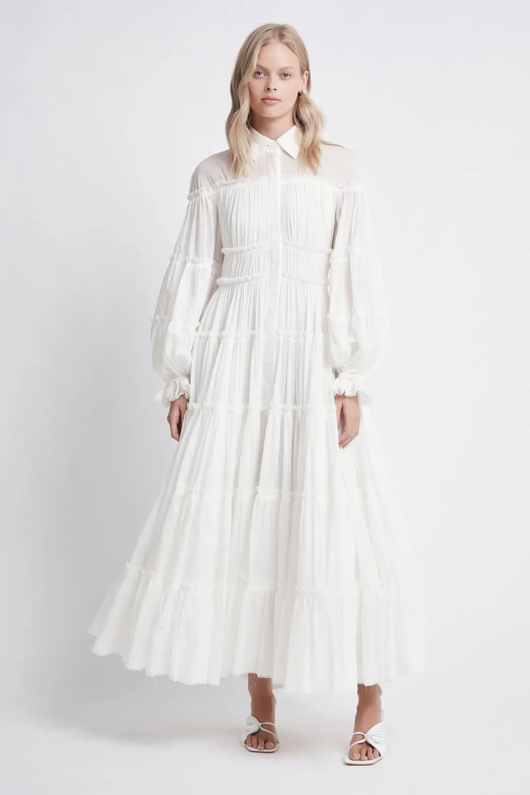 Aje Serenity Cutout Tiered Cotton Shirt Dress White Size 10 for rent on The Volte - main image