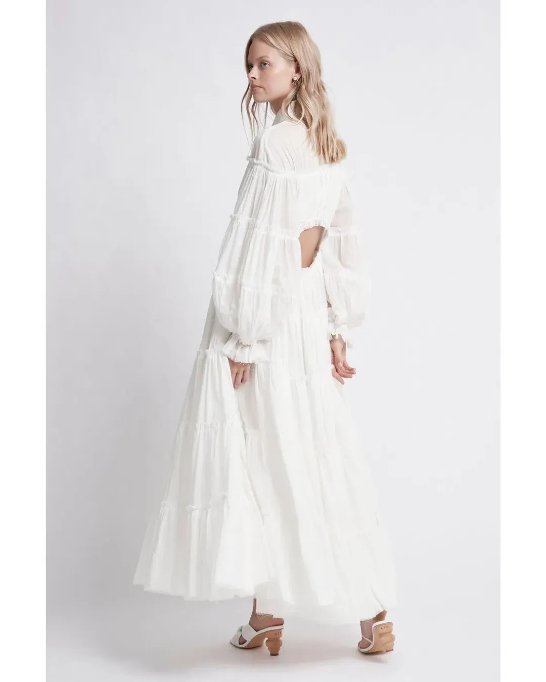 Aje Serenity Cutout Tiered Cotton Shirt Dress White Size 10 for rent on The Volte - main image