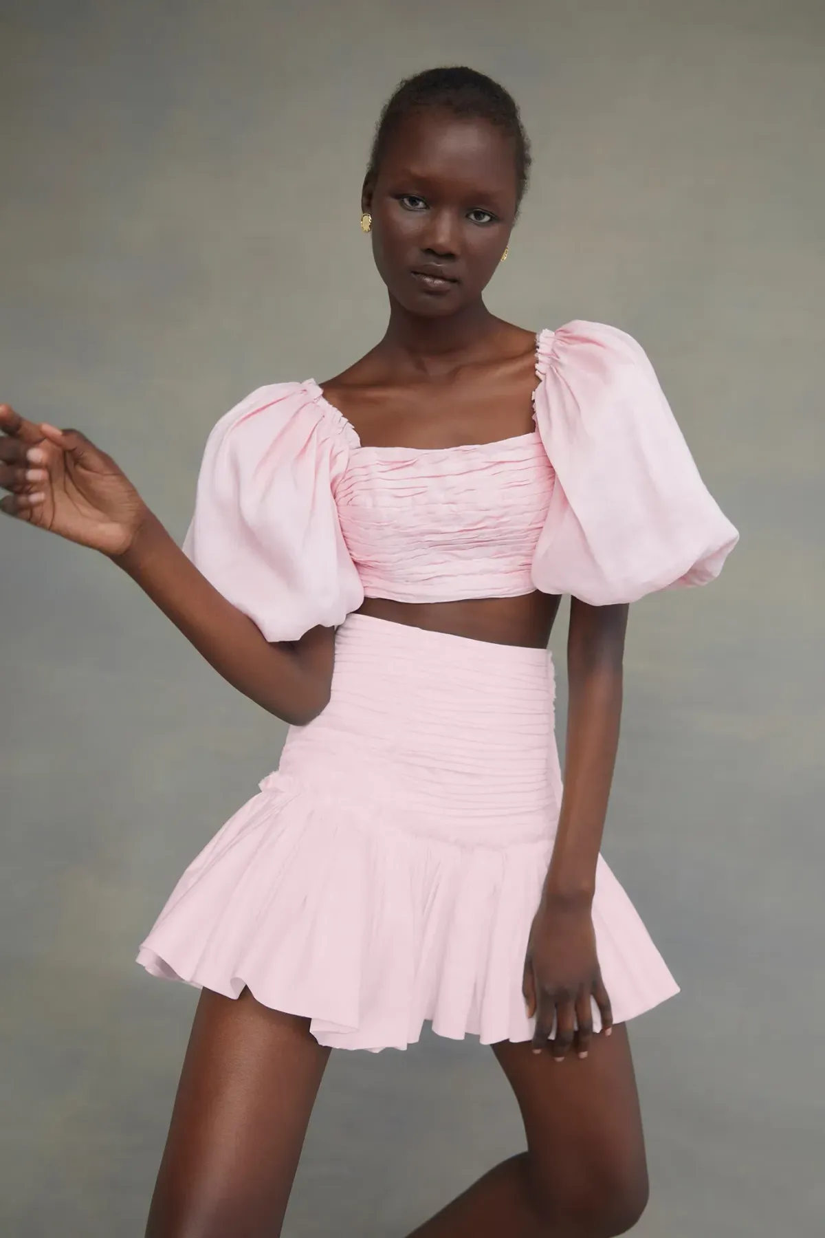 Aje Myriad Puff Sleeve Cropped Top & Tiered Mini Skirt Set Pink Size 4 - Image 4