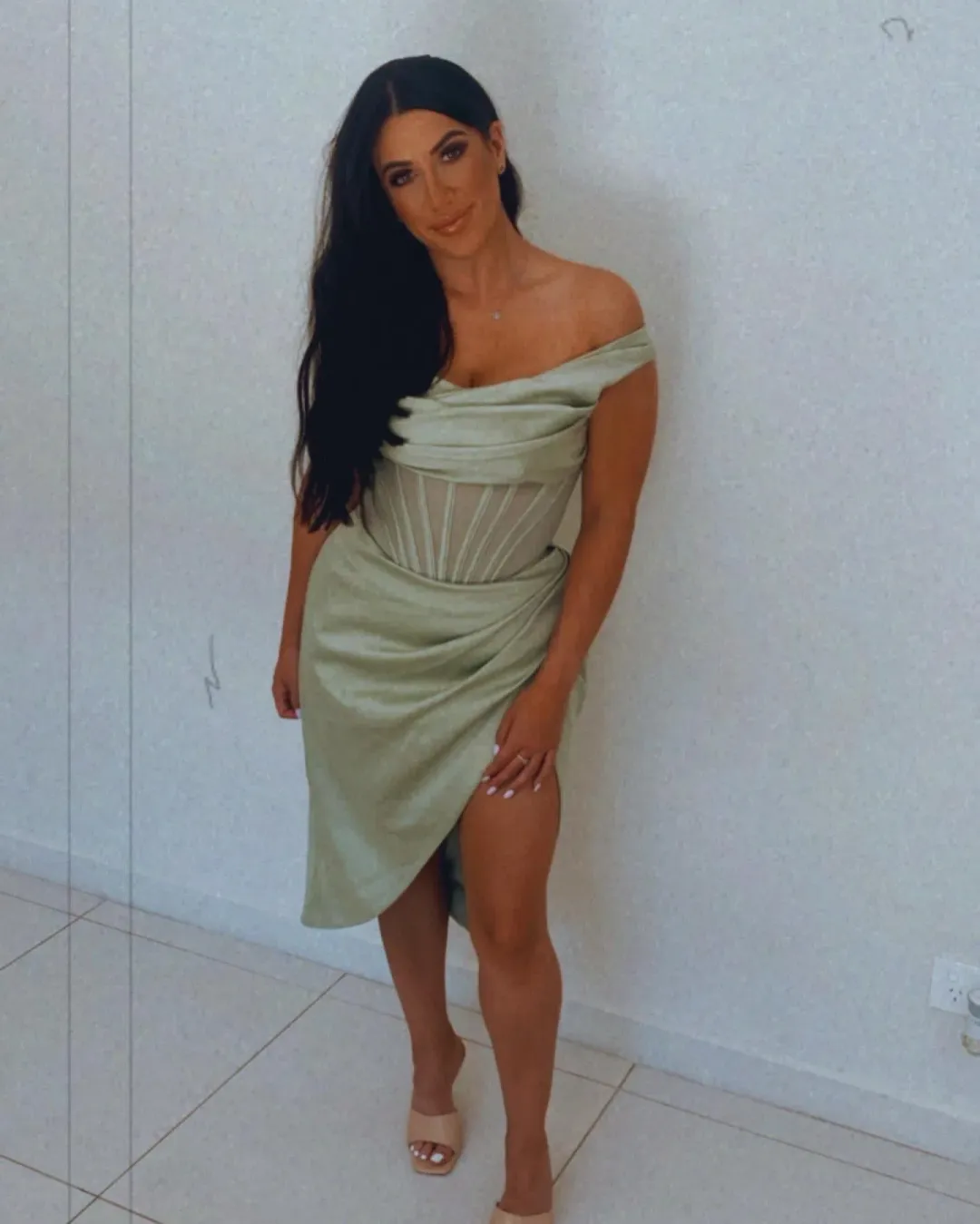 House of CB Lulu Asymmetric Drape Corset Midi Dress Green Size 8 for rent on The Volte - main image