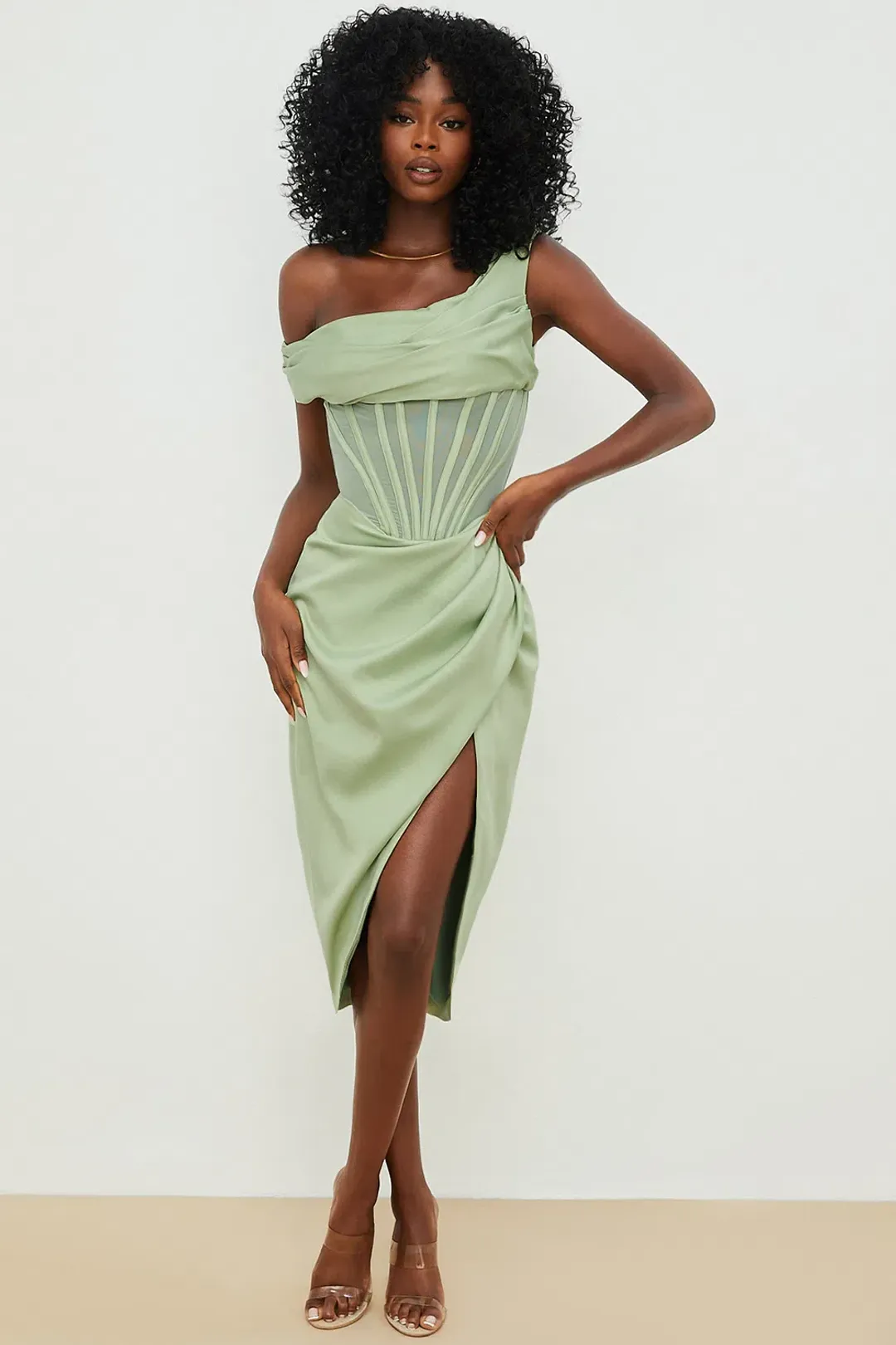 House of CB Lulu Asymmetric Drape Corset Midi Dress Green Size 8 for rent on The Volte - main image