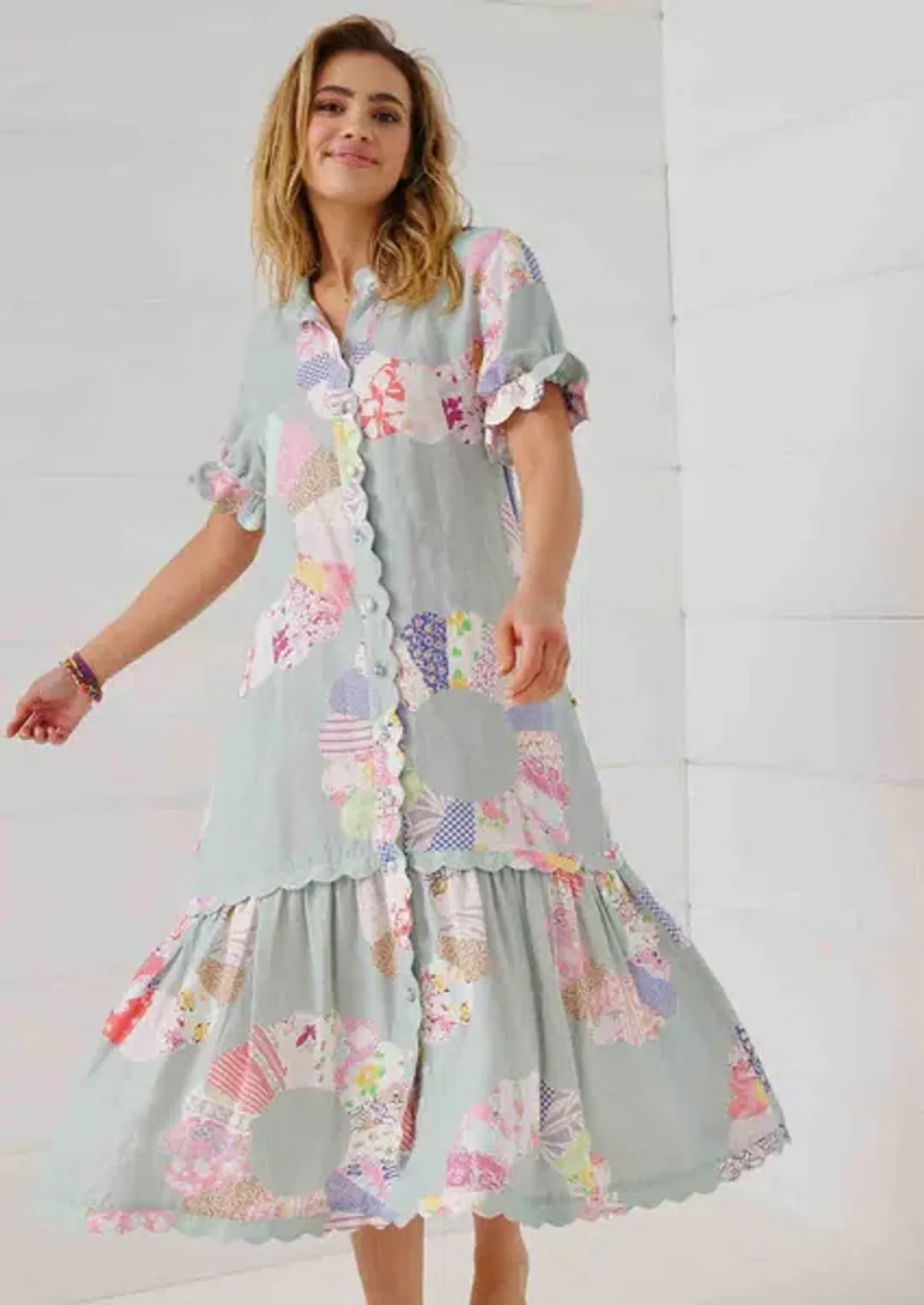 Binny Wheel of Fortune Linen Viscose Midi Dress Chambray Patchwork Print Size 16 for rent on The Volte - main image