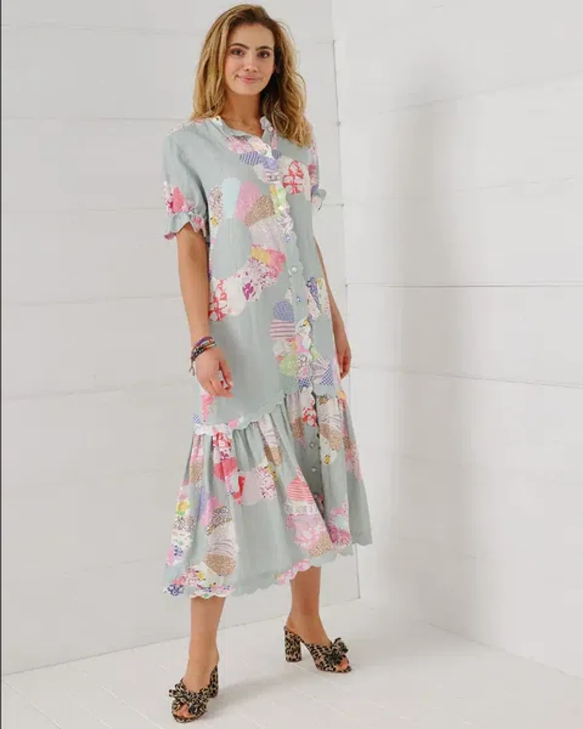 Binny Wheel of Fortune Linen Viscose Midi Dress Chambray Patchwork Print Size 16 - Image 6